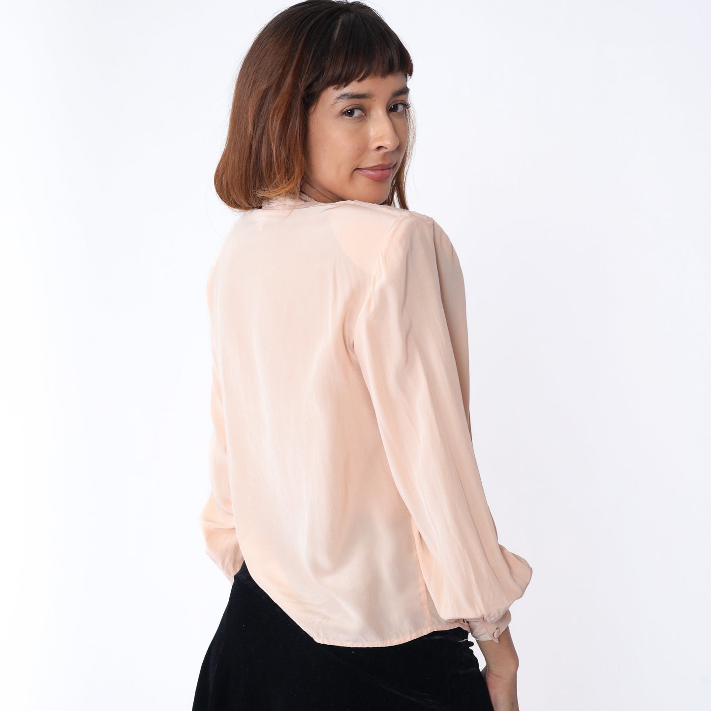 80s Paul Alexander Pink Silk Blouse Floral Embroidered Pleated Collared Small