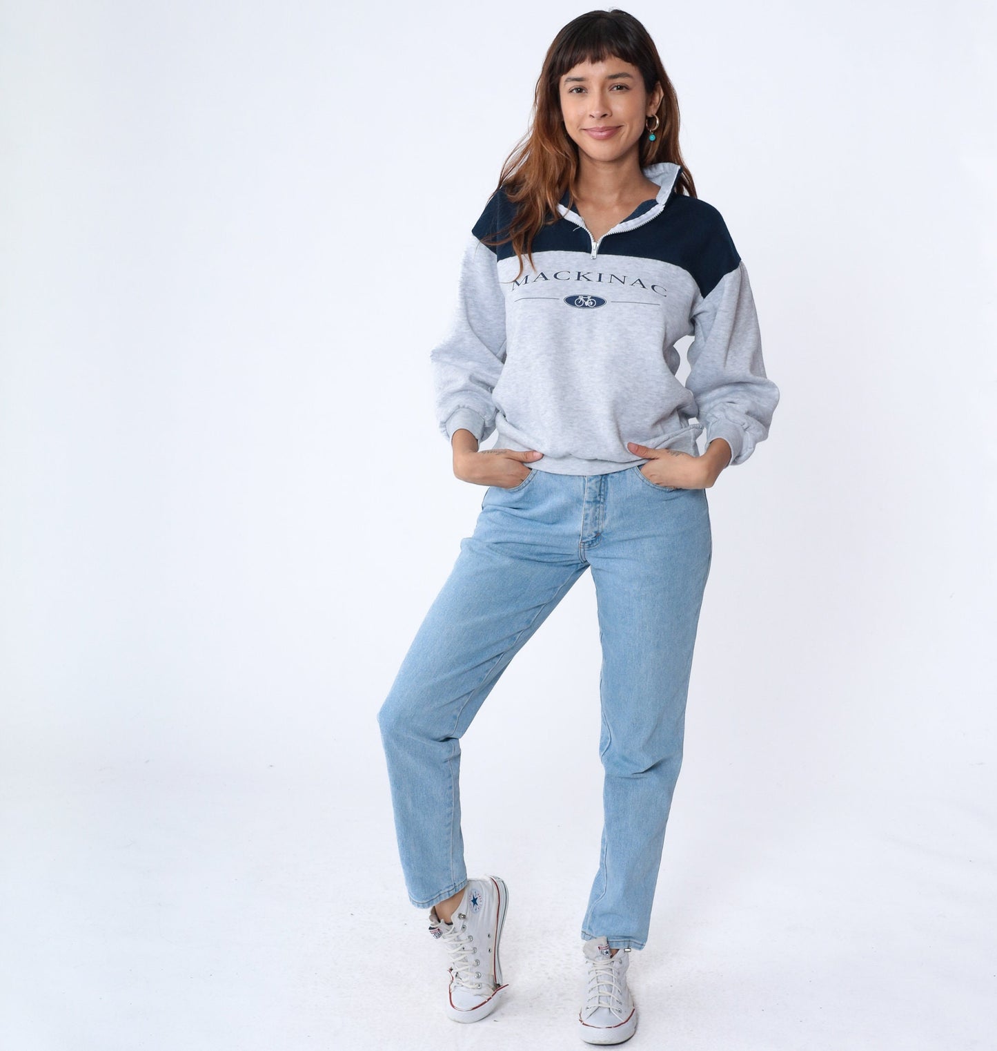 90s Mackinac Island Bike Quarter Zip Sweatshirt Light Heather Grey Small S