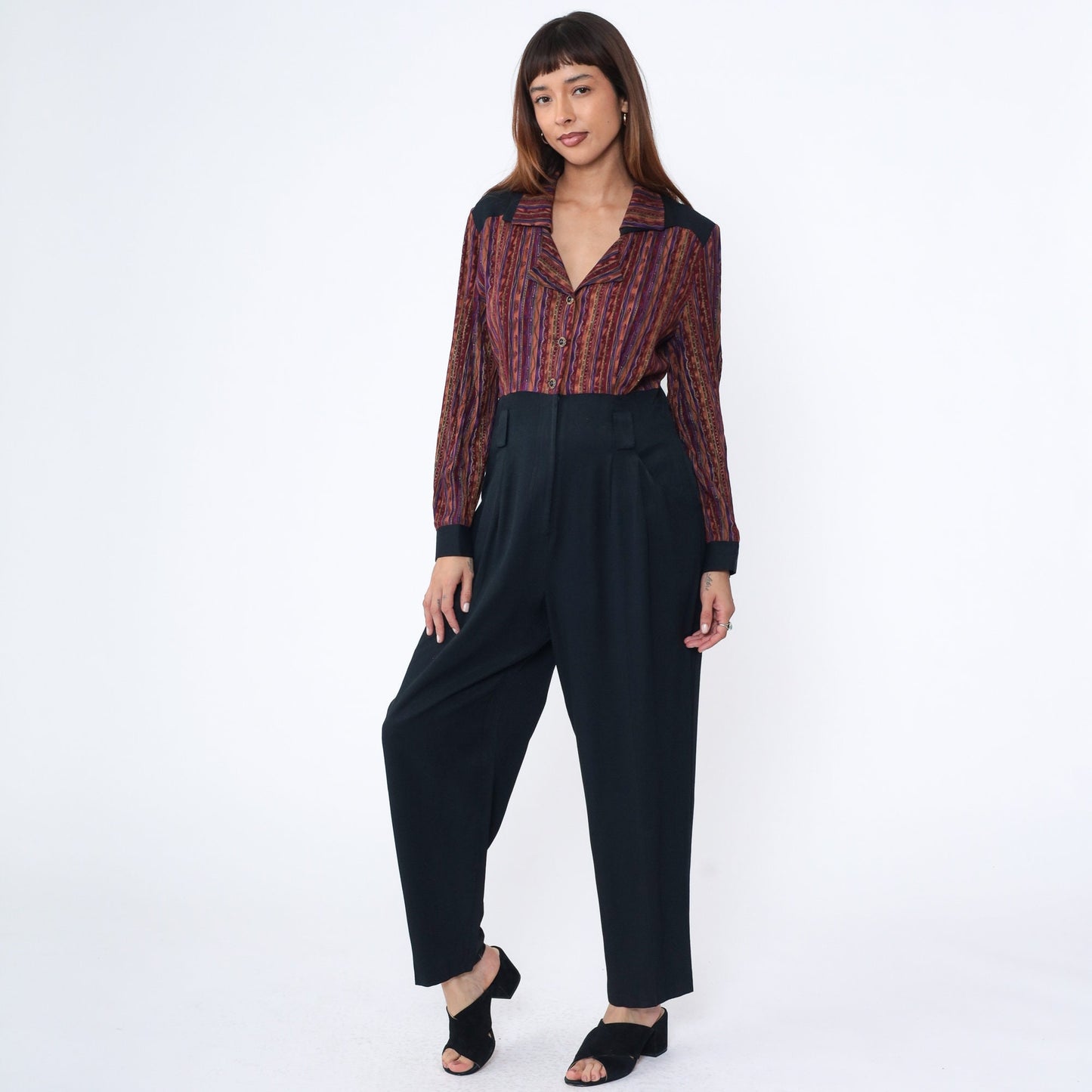 90s Molly Malloy Jumpsuit Burgundy Striped Black Tapered High Waist Medium