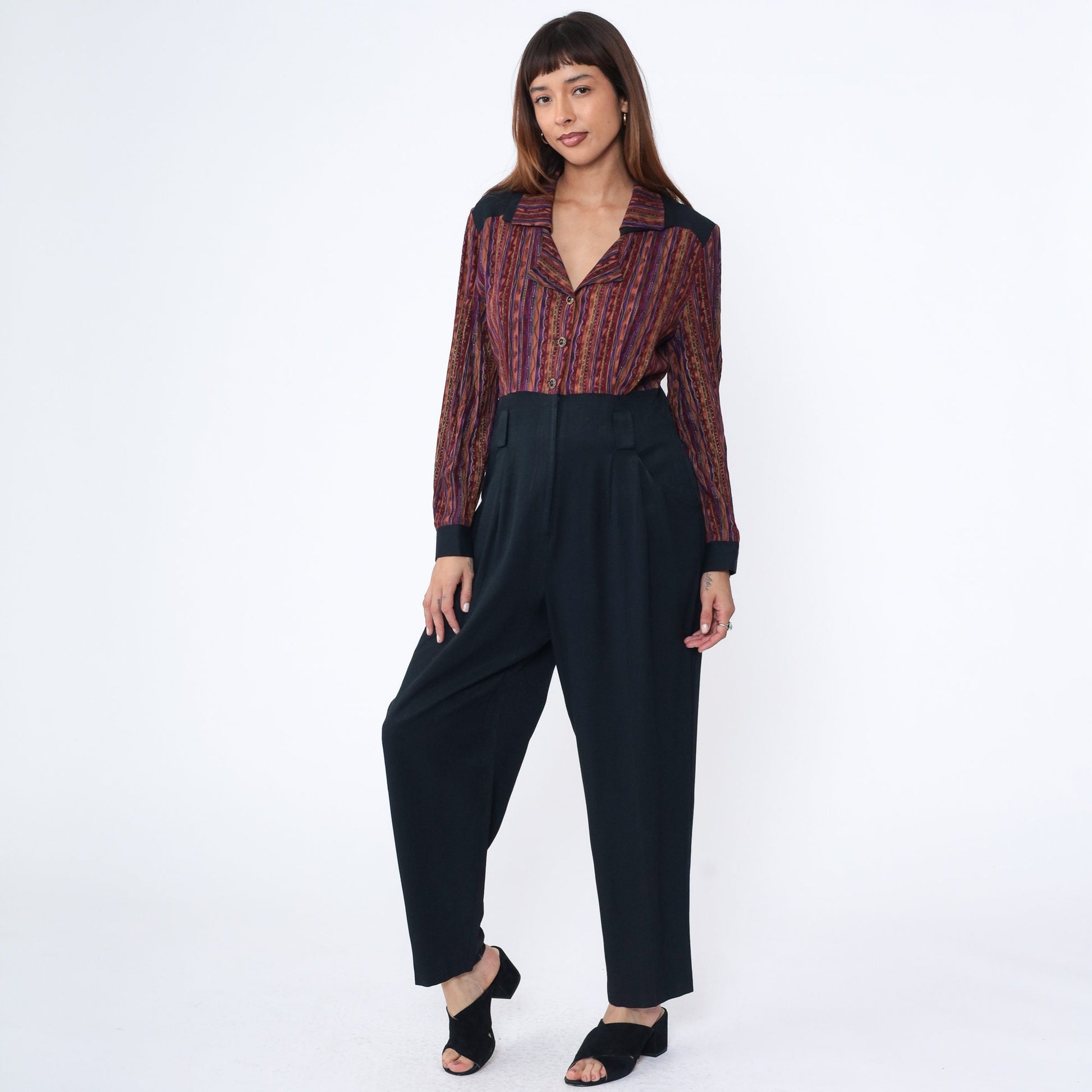 90s Molly Malloy Jumpsuit Burgundy Striped Black Tapered High Waist Medium