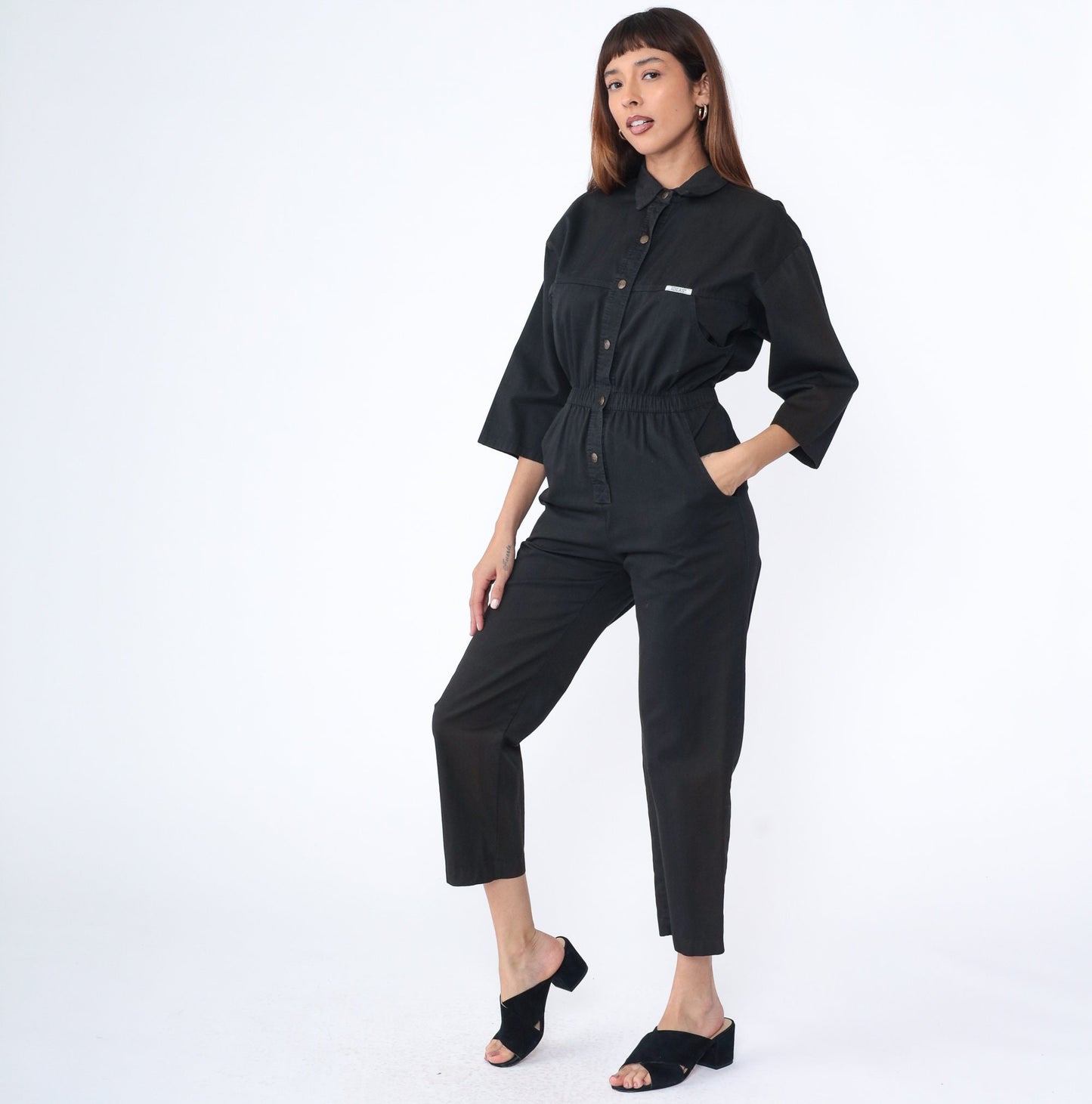 80s Ideas Black Cotton Jumpsuit Button-Up Tapered Leg Small