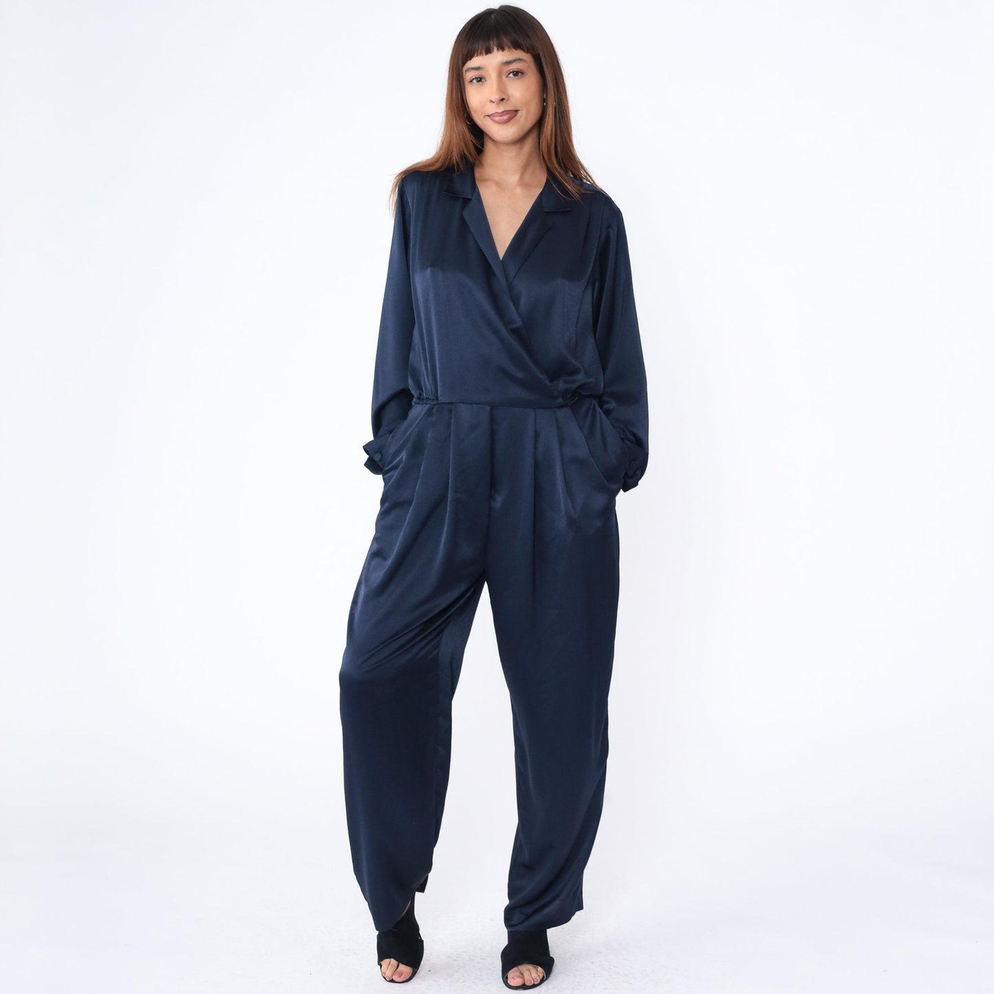 90s Liz Claiborne Navy Wrap Jumpsuit V Neck Tapered Wide Leg Medium