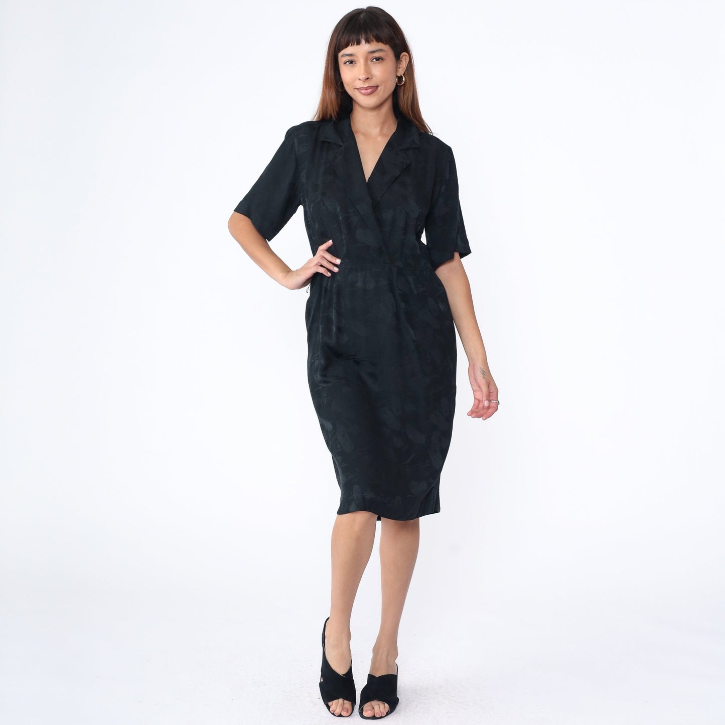 90s Black Silk Wrap Dress V-Neck High Waist Midi Short Sleeve Medium 8