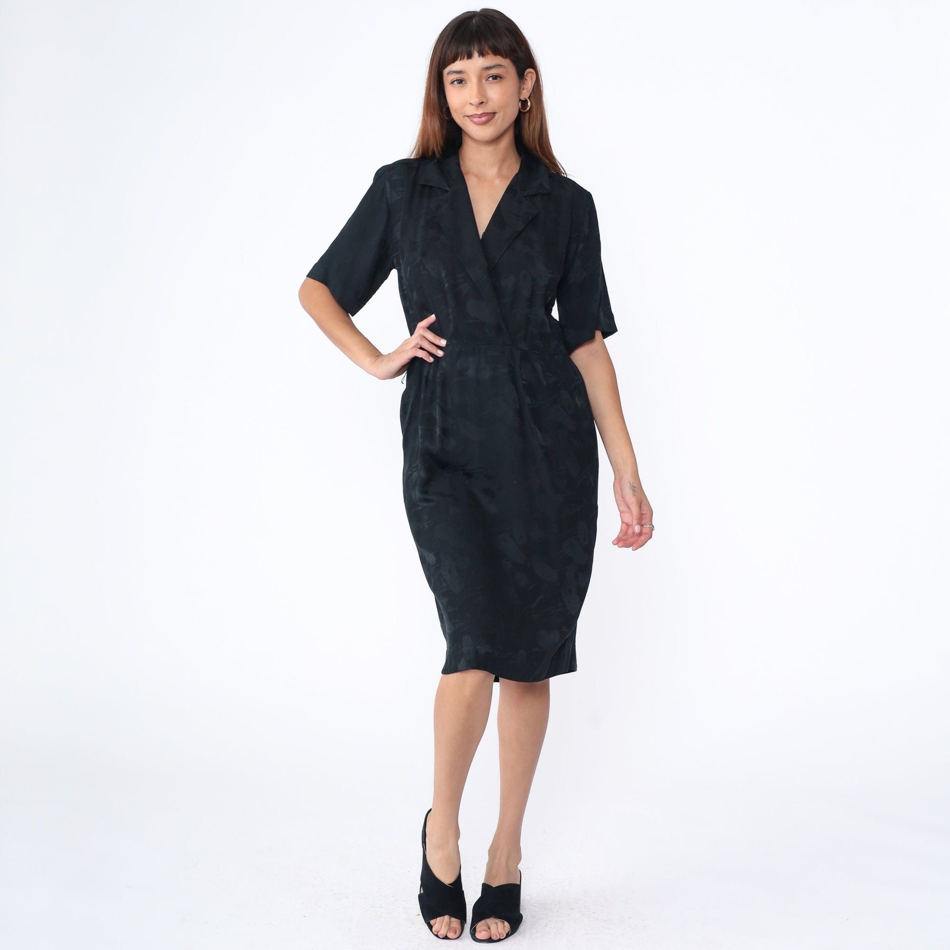 90s Black Silk Wrap Dress V-Neck High Waist Midi Short Sleeve Medium 8
