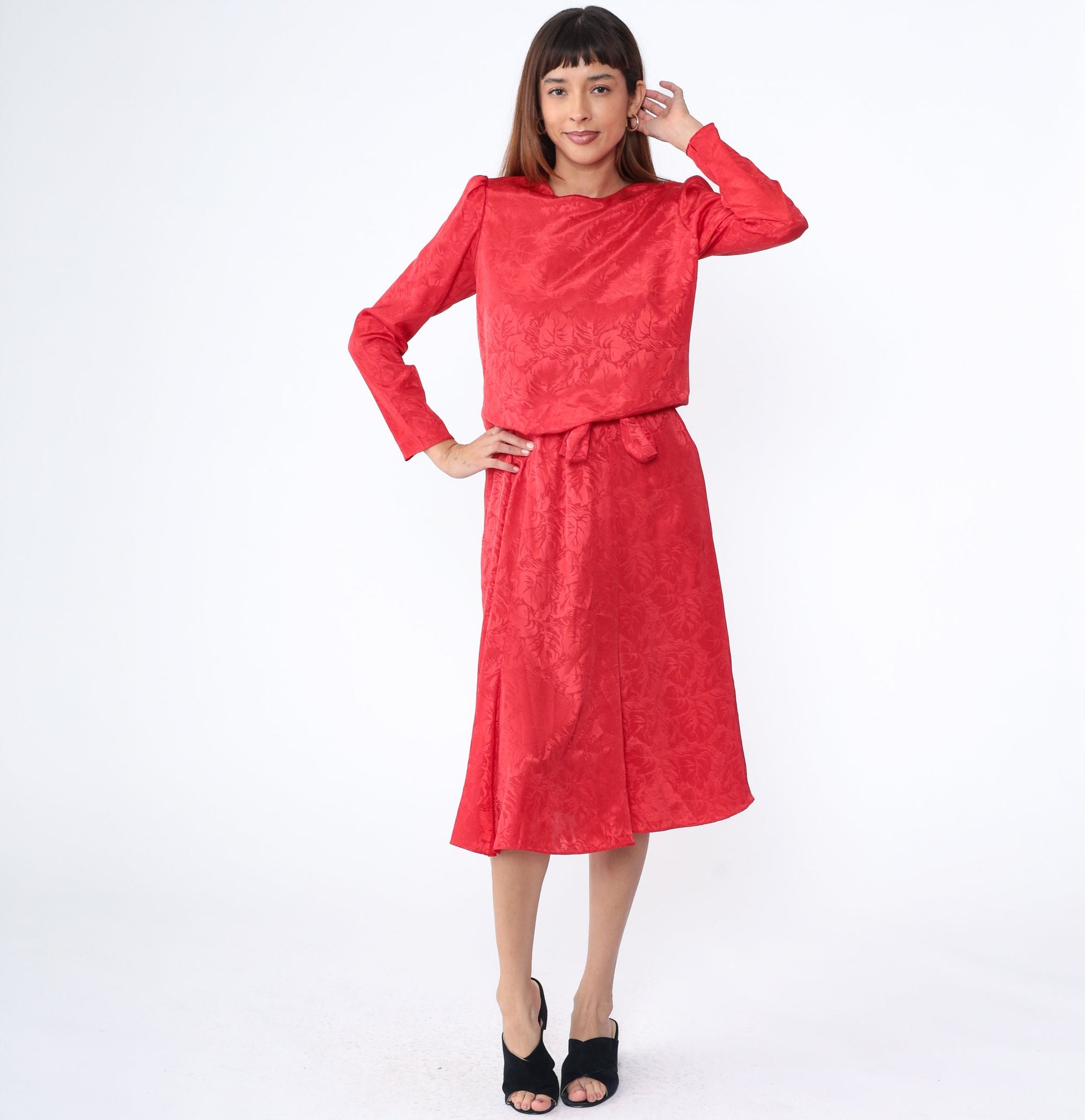 80s Red Embossed Leaf Midi Dress Puff Sleeve Blouson Waist Medium M