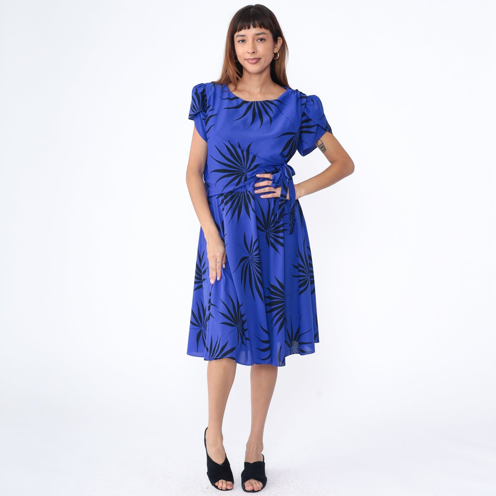 80s Franky B Tropical Leaf Print Wrap Midi Dress Puff Sleeve Purple-Blue Large