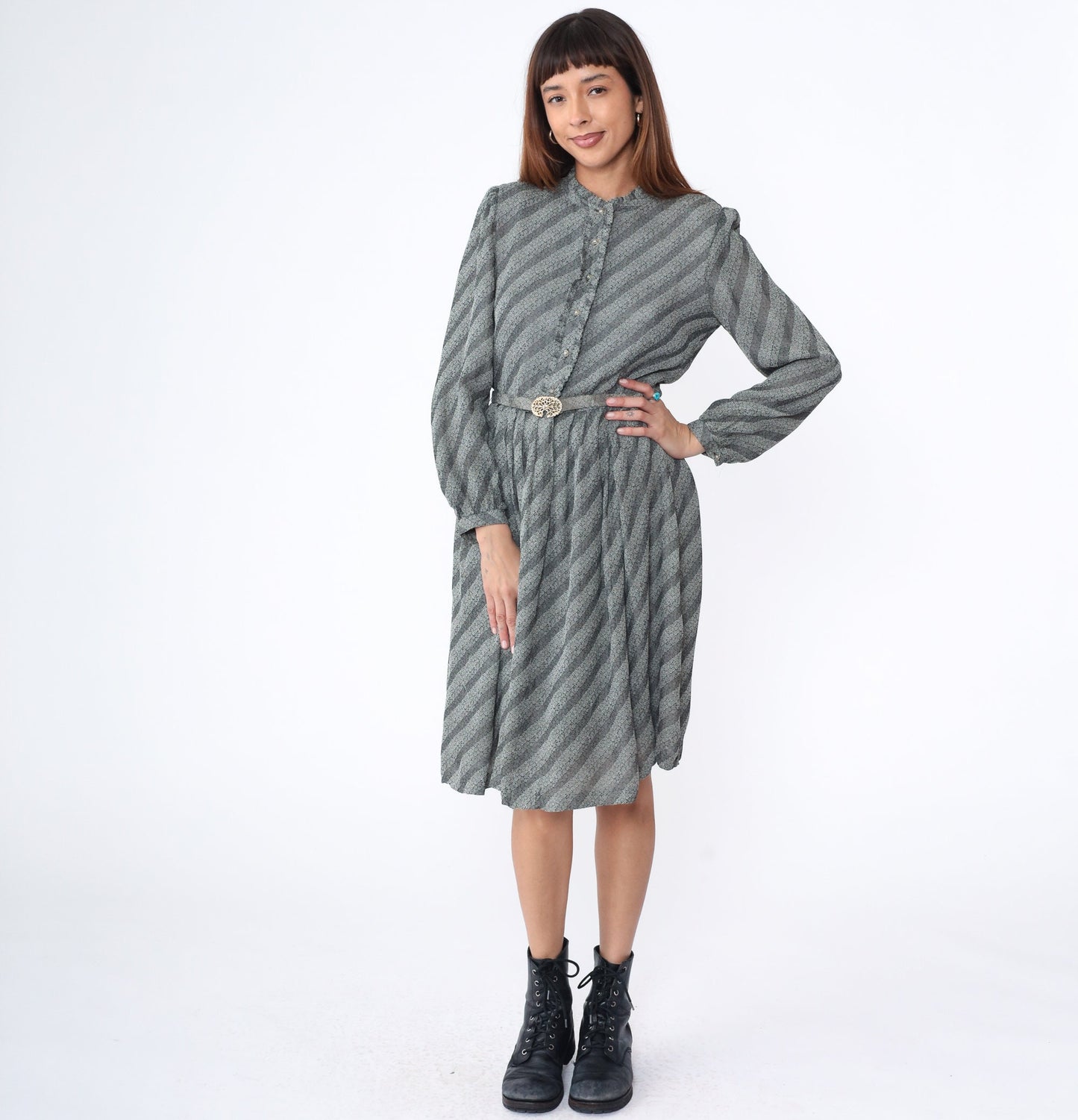 80s Floral Striped Midi Dress Grey White Puff Sleeve Button Up Medium