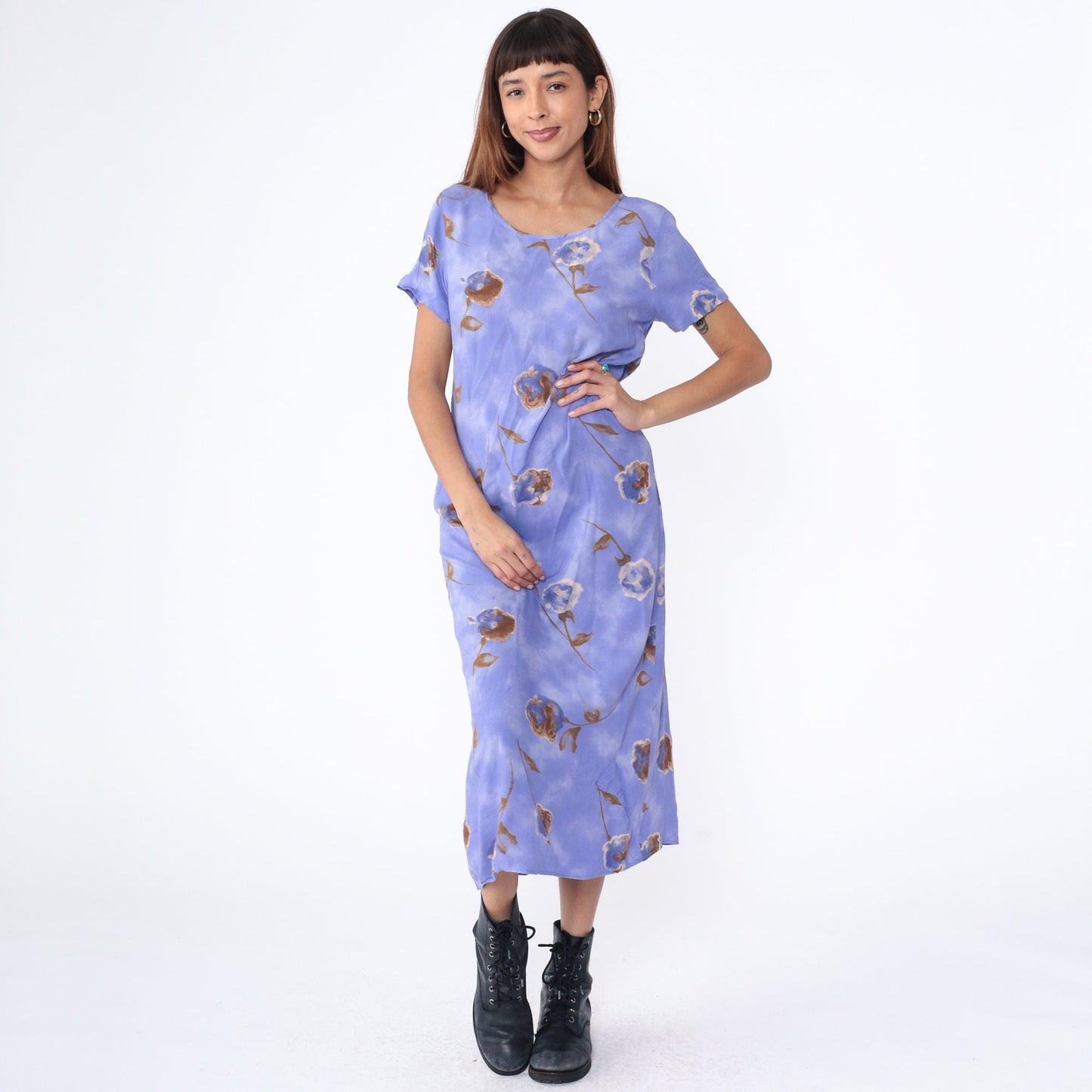 90s Floral Midi Shift Dress Purple Rayon Short Sleeve Scoop Neck Small
