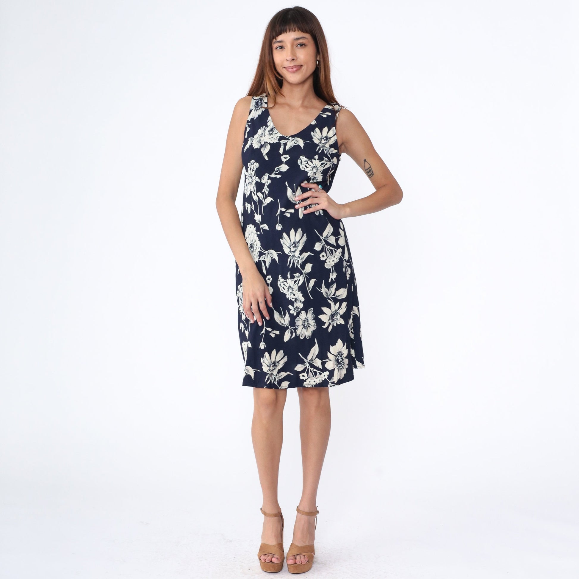 90s Navy Floral Midi Dress Sleeveless Shift Sundress Medium