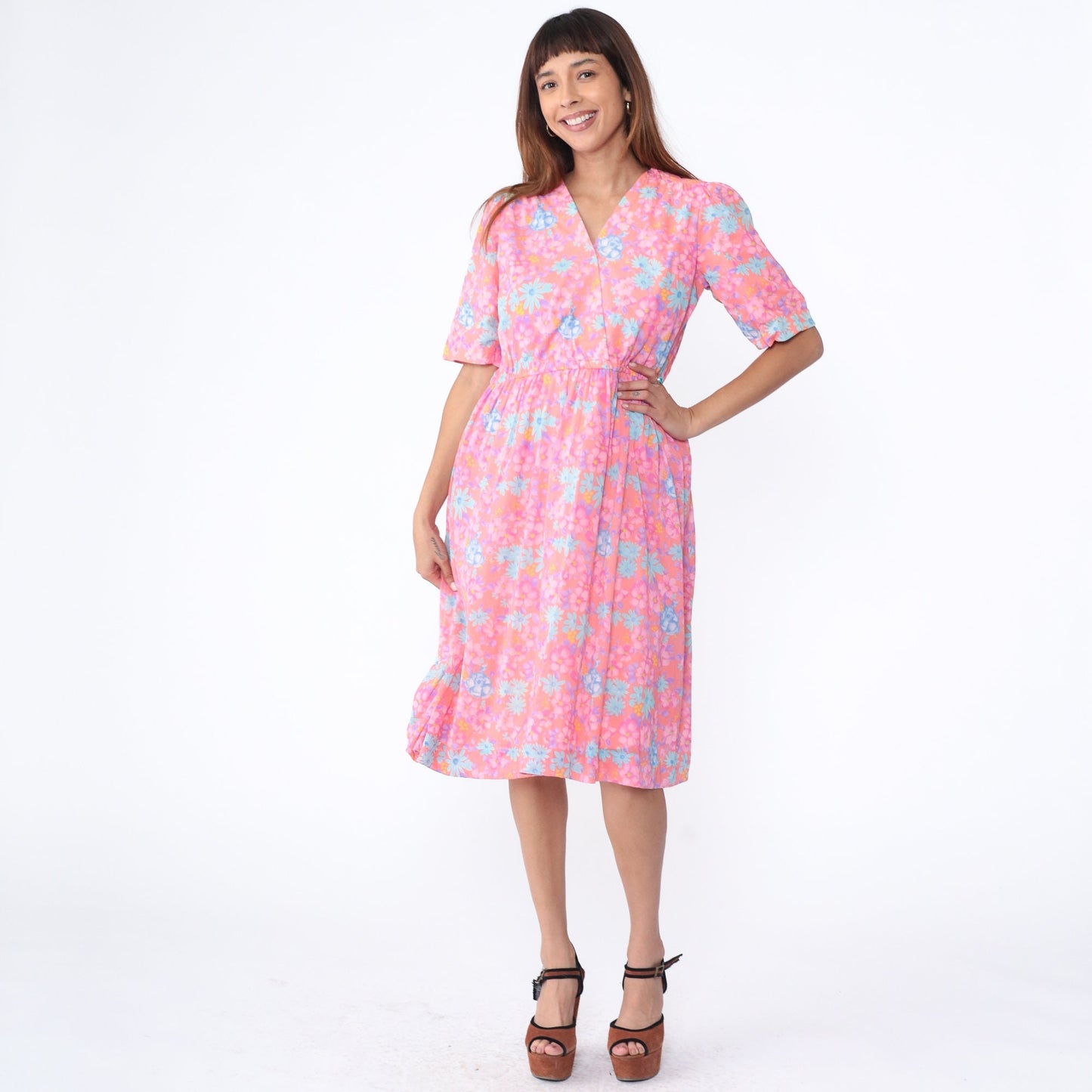 70s Floral Midi Dress Peach Pink High Waist Wrap V Neck Short Sleeve Large L
