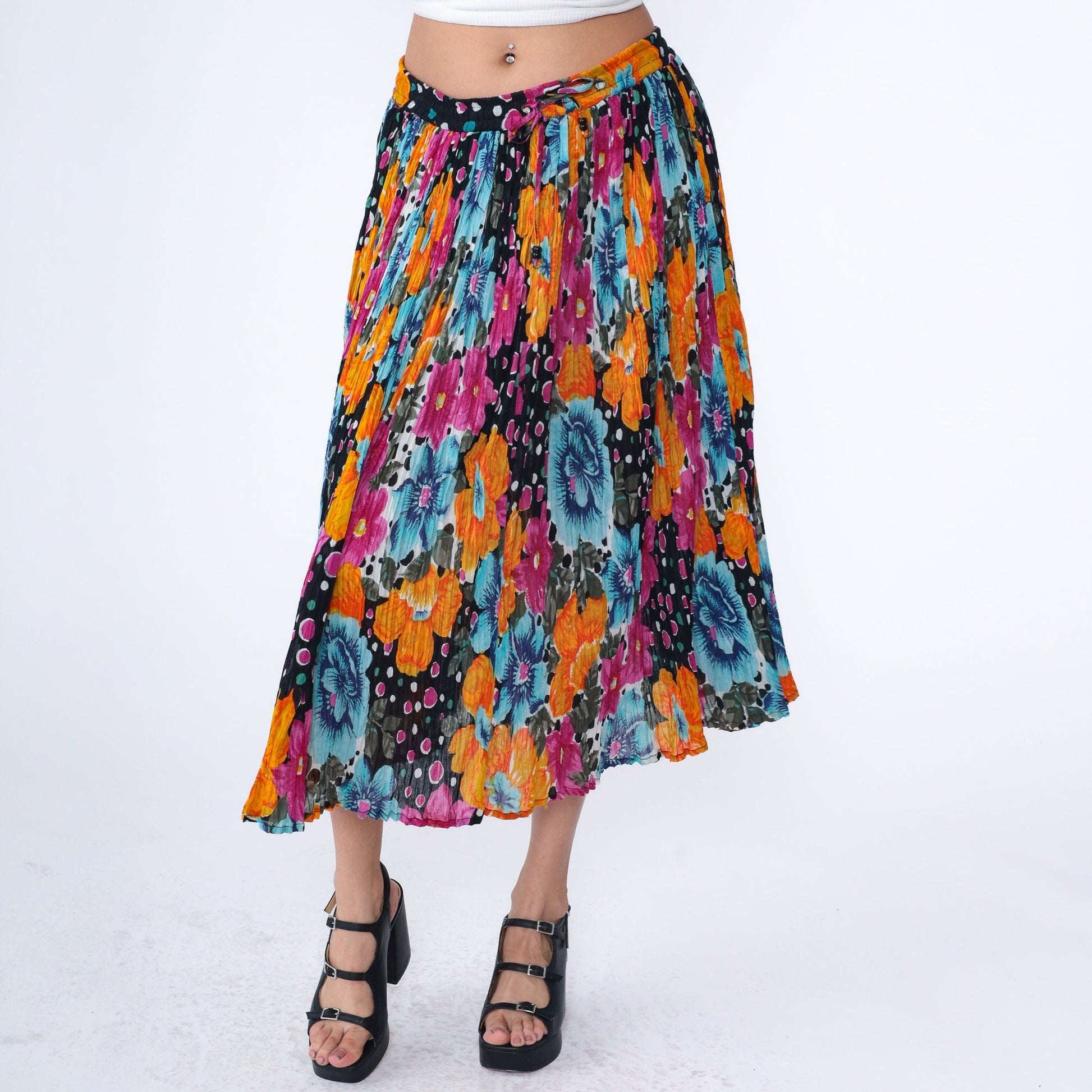 90s Floral Broomstick Skirt Drawstring Midi Cotton Orange Black Fuchsia Medium