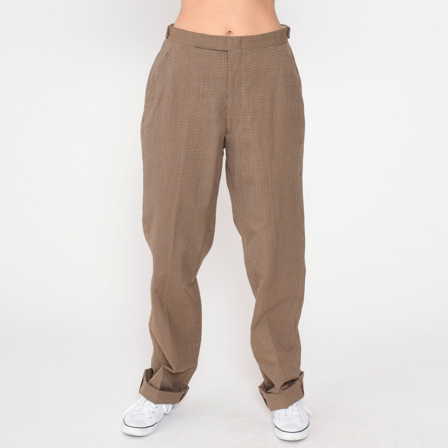 70s Brown Checkered High-Waisted Straight Leg Trousers Medium 29