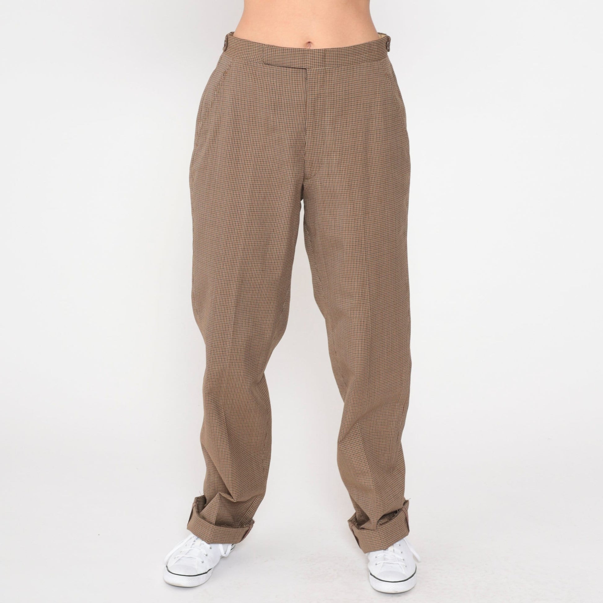 70s Brown Checkered High-Waisted Straight Leg Trousers Medium 29