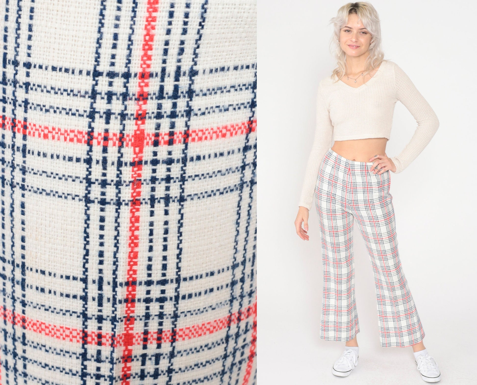 60s Plaid Flared Trousers High Waisted Red Navy White Checkered Extra Small