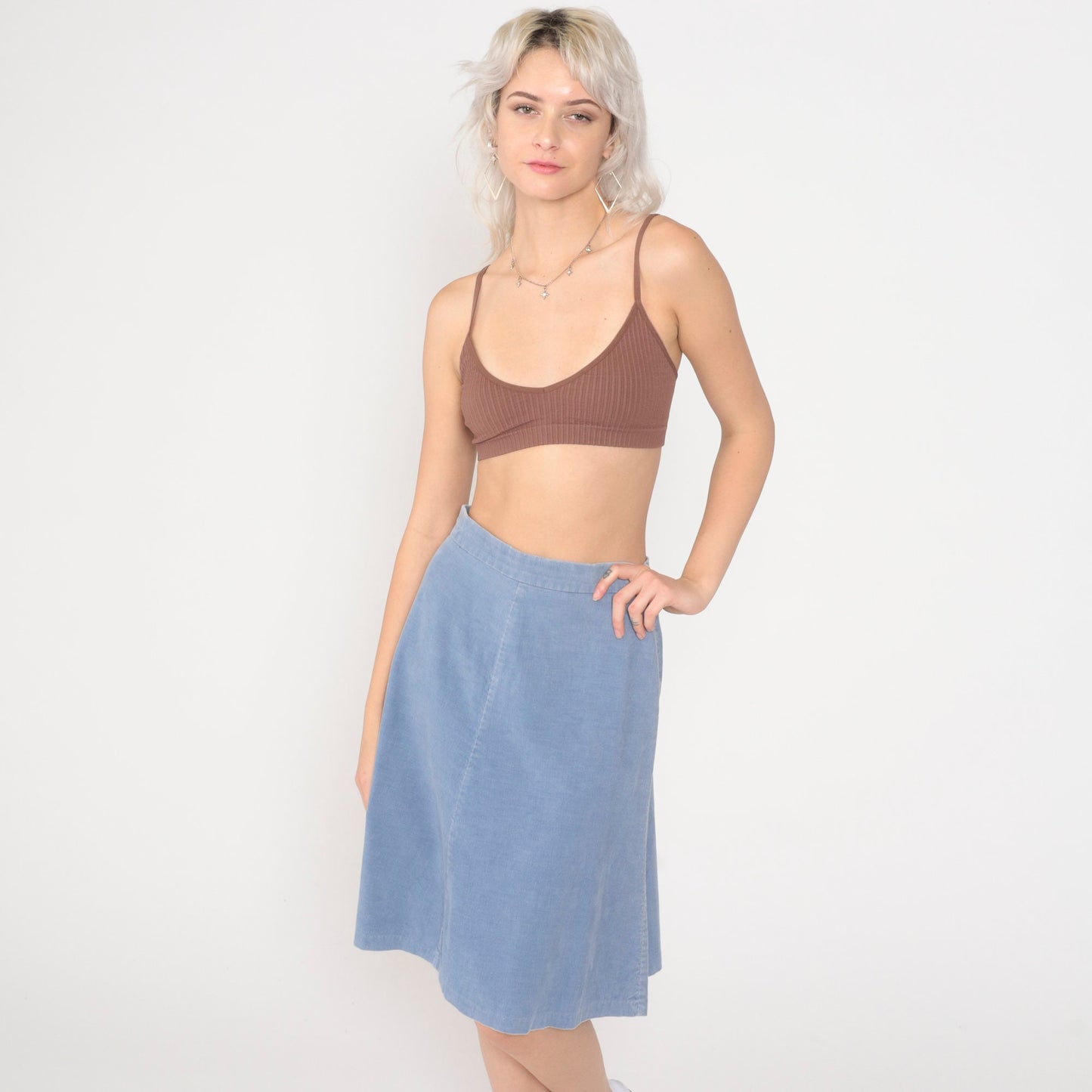 80s Blue Corduroy Midi Skirt High Waist A-Line Small
