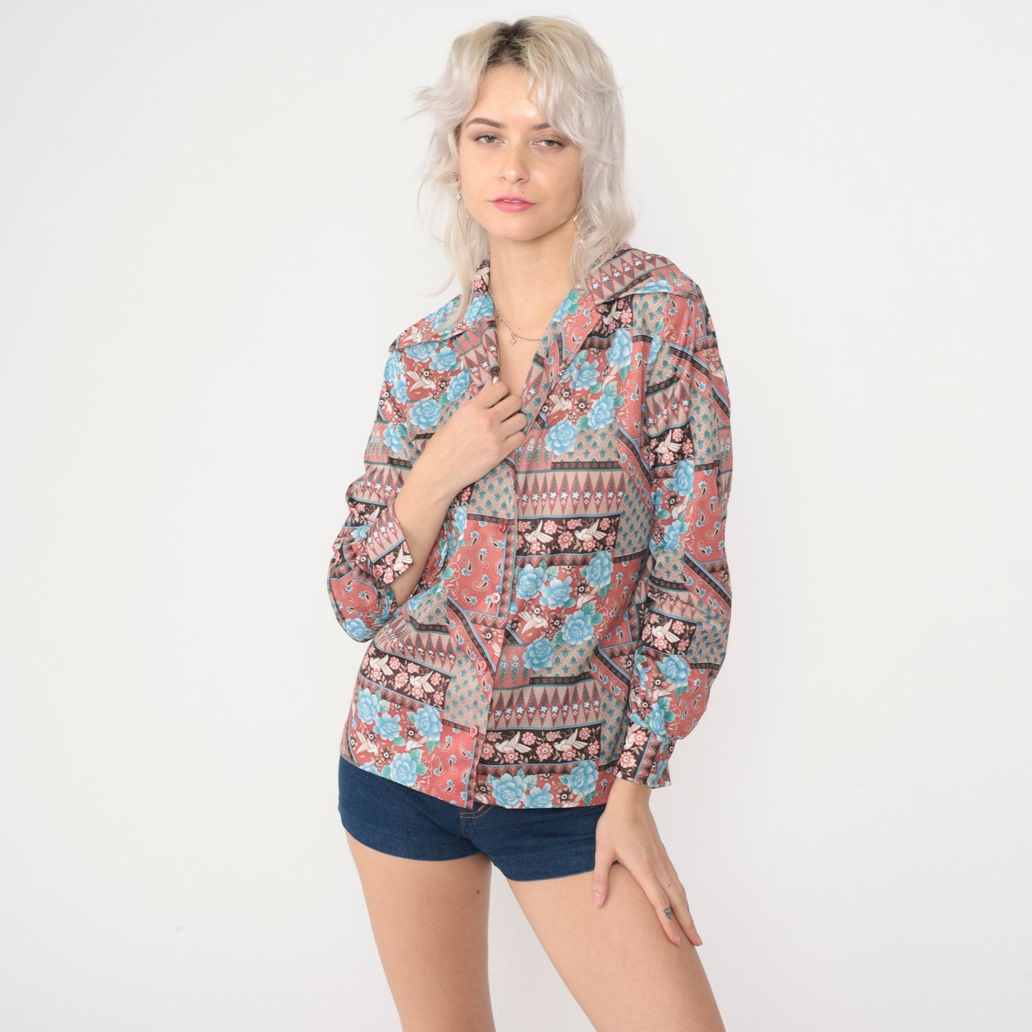 70s Bird Floral Blouse Pink Blue Dagger Collar Long Sleeve Small
