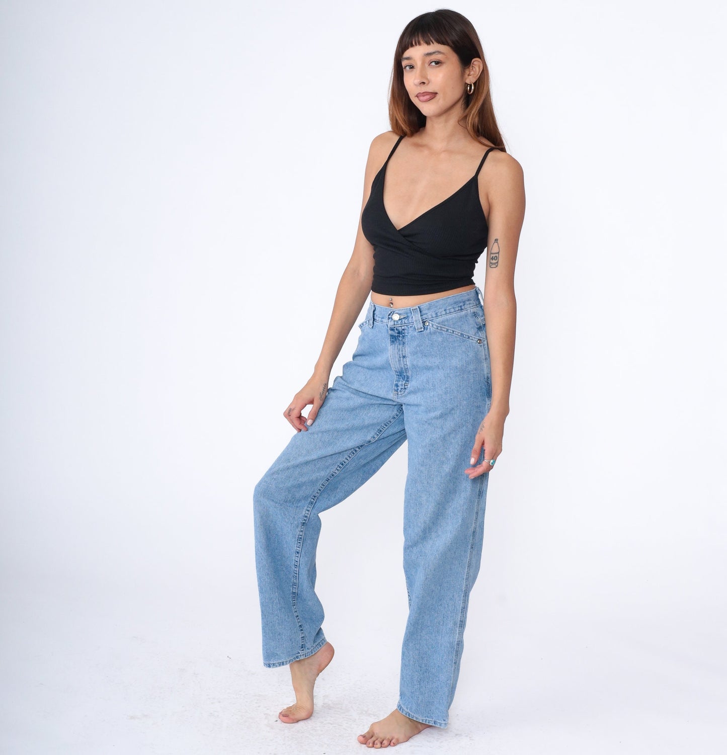 Y2K High Rise Cargo Jeans Light Wash Denim Hammer Loop Relaxed Straight Tapered Medium