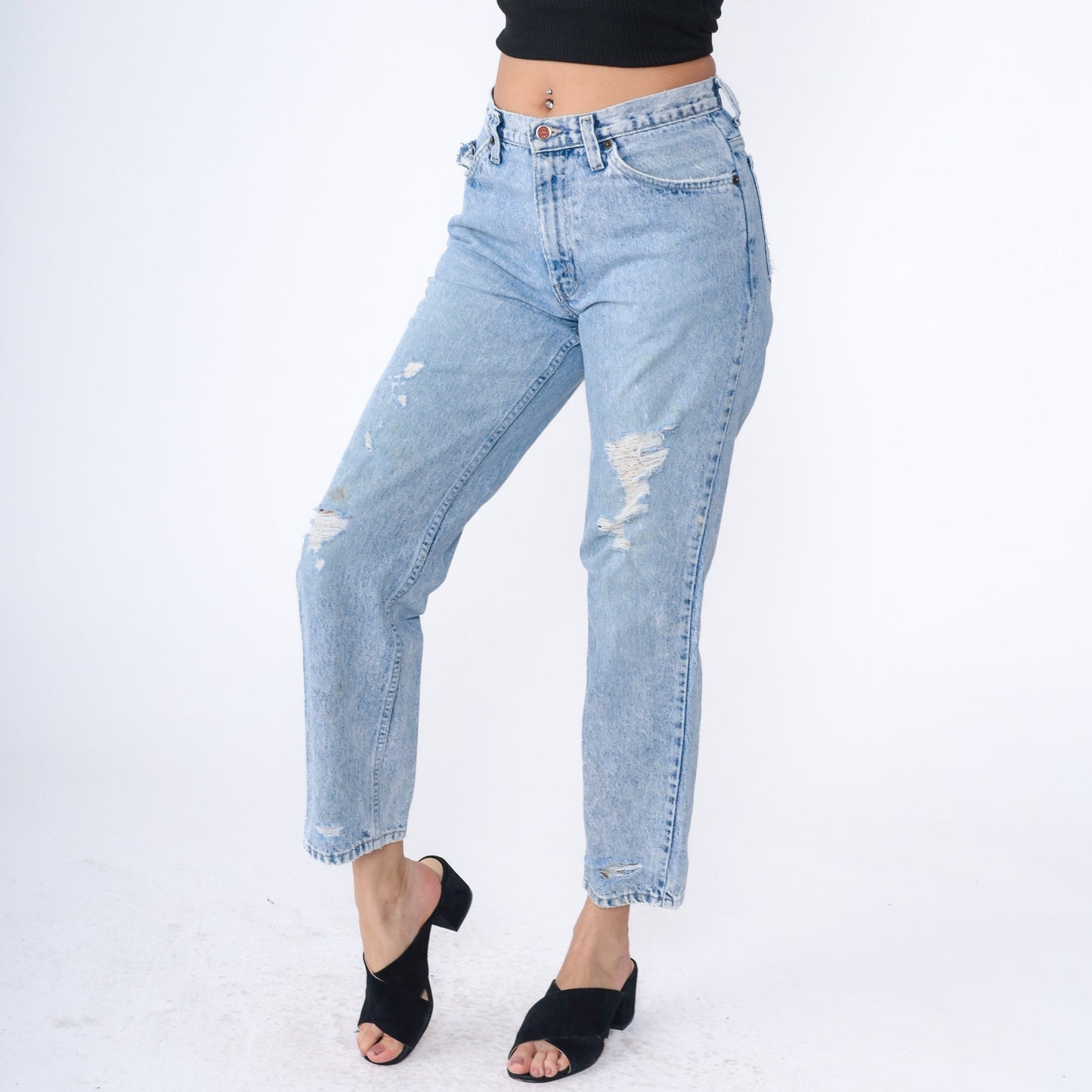 90s Brittania Ripped Mom Jeans Light Blue Denim Tapered Small