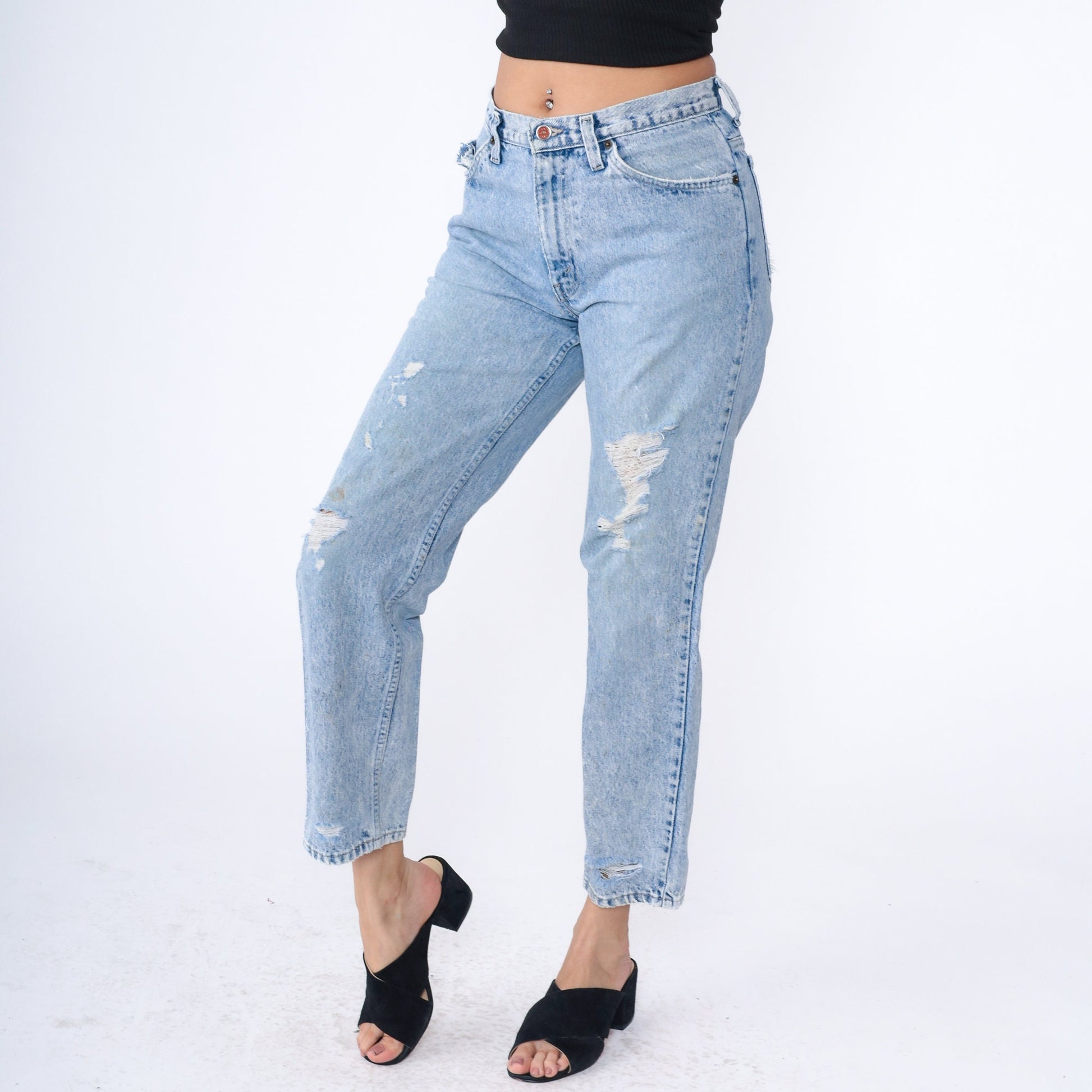 90s Brittania Ripped Mom Jeans Light Blue Denim Tapered Small