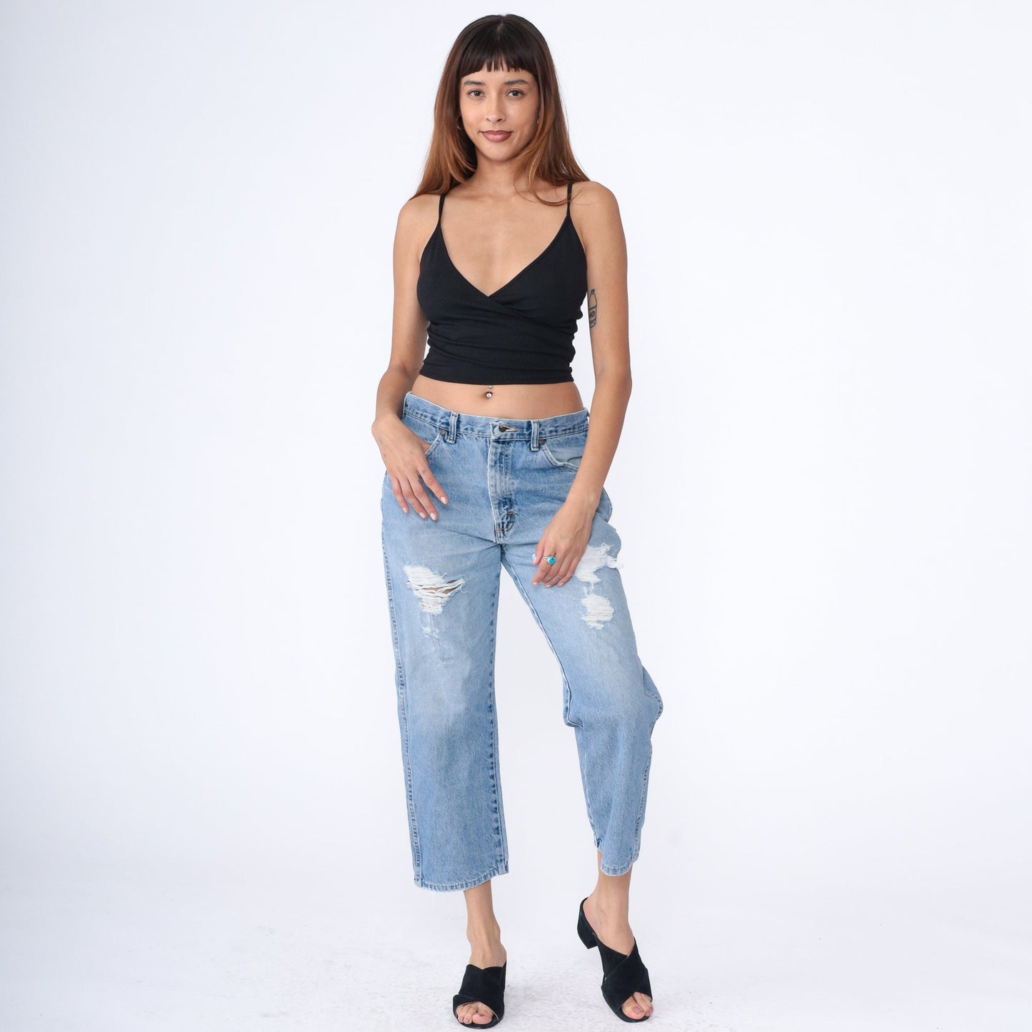 Wrangler Y2K Ripped Straight Leg Jeans Faded Blue High Rise Medium