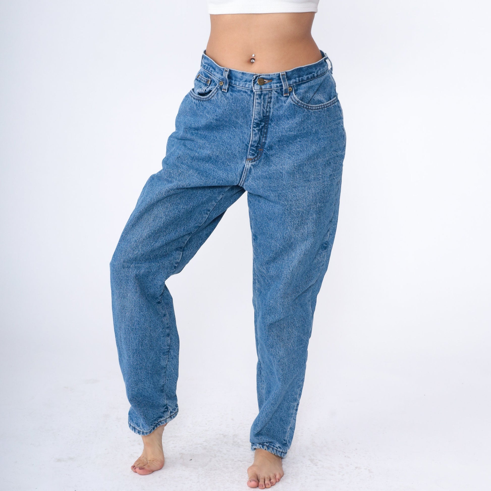 90s L.L. Bean High Waist Tapered Jeans Flannel Lined Blue Denim Large 14