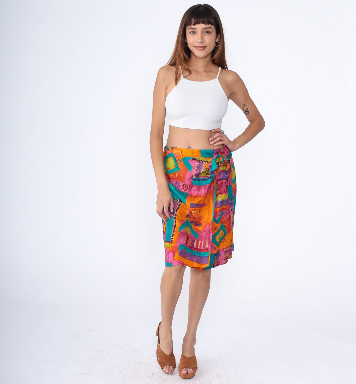 90s Geometric Wrap Skirt Midi Rayon Colorful Print Large 14
