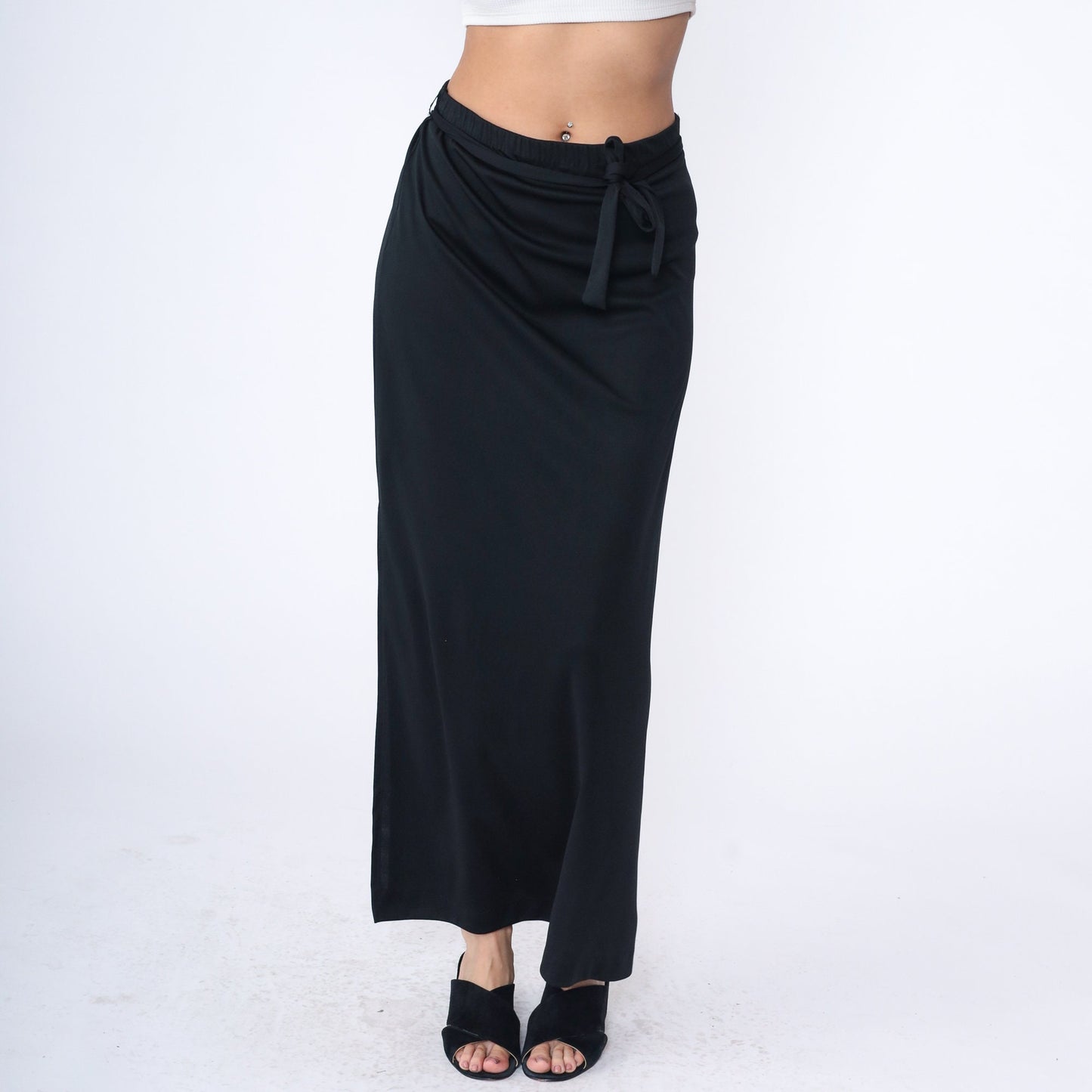 70s Black Maxi Skirt High Waist Straight Cut Elastic Waistband Large L