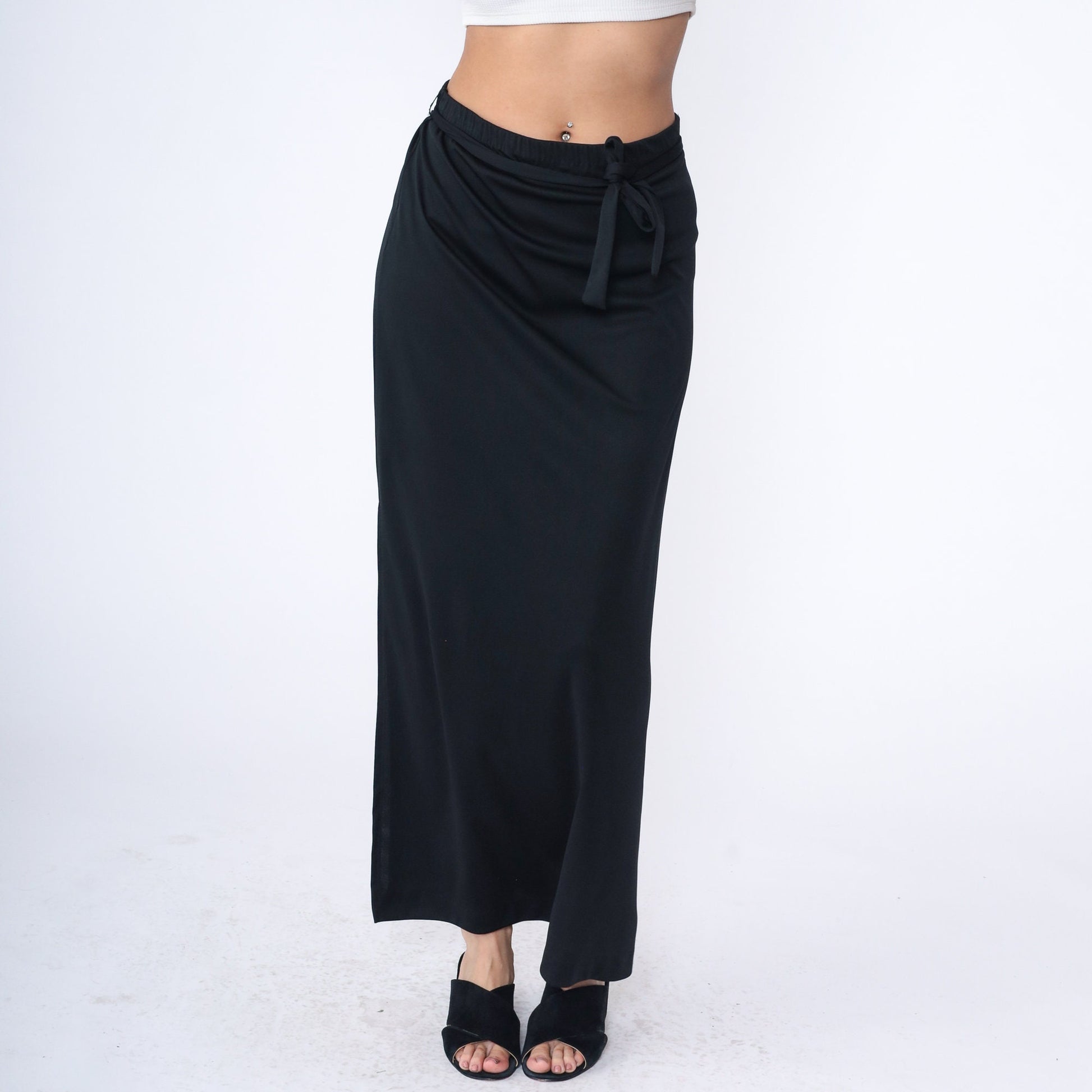 70s Black Maxi Skirt High Waist Straight Cut Elastic Waistband Large L