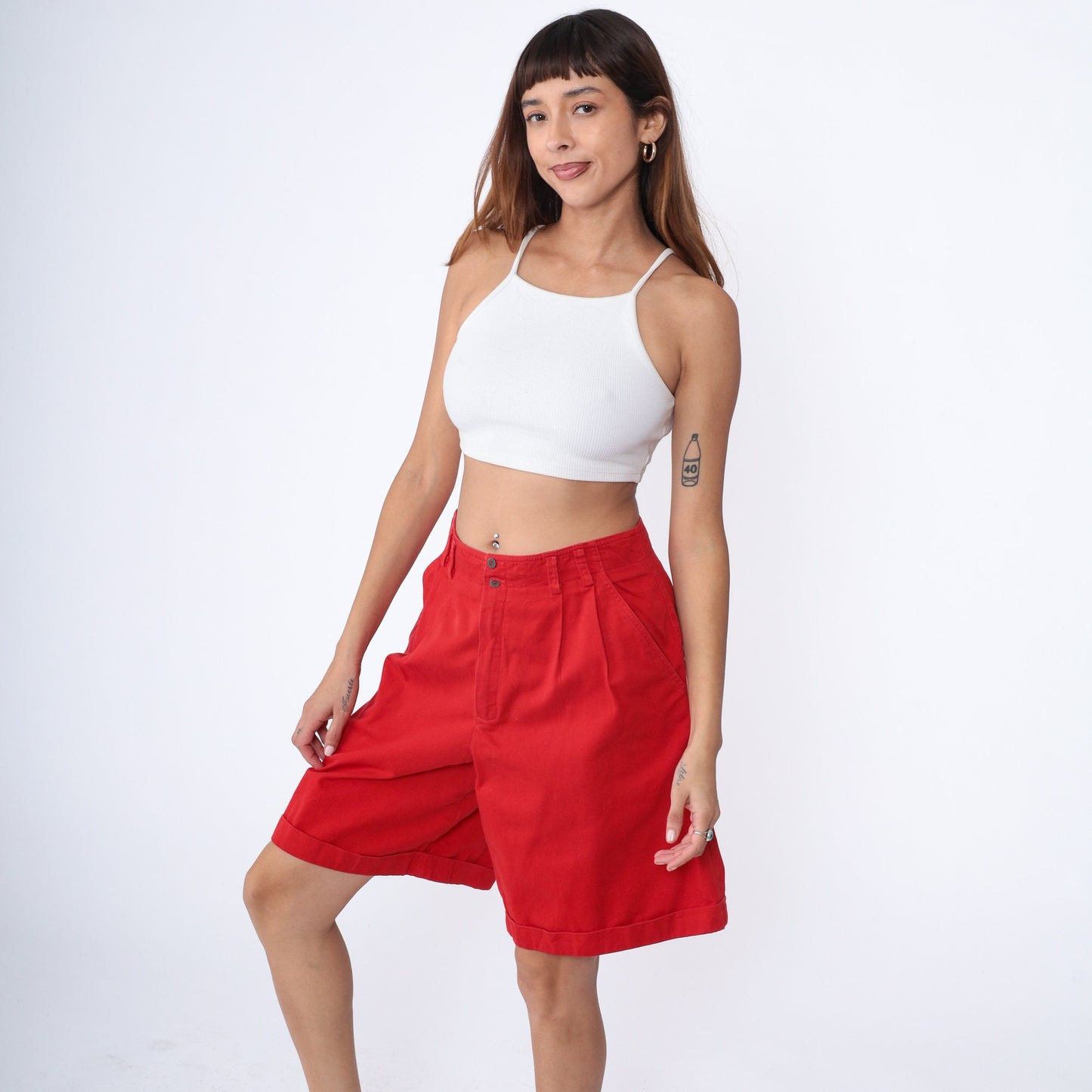 90s Liz Claiborne Red Pleated Shorts High Waist Cotton Cuffed Large 12