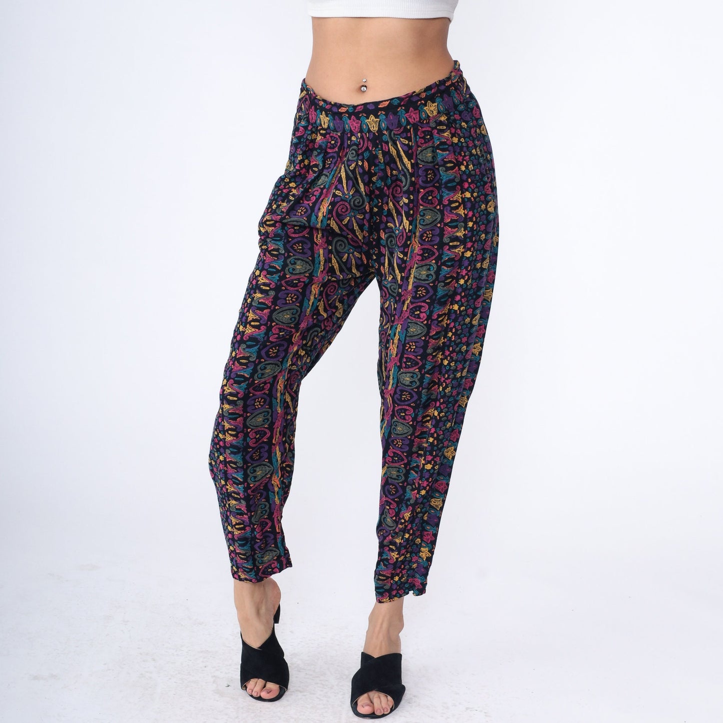 90s Black Rayon Tapered Pants Abstract Heart Geometric Print High Waist Medium