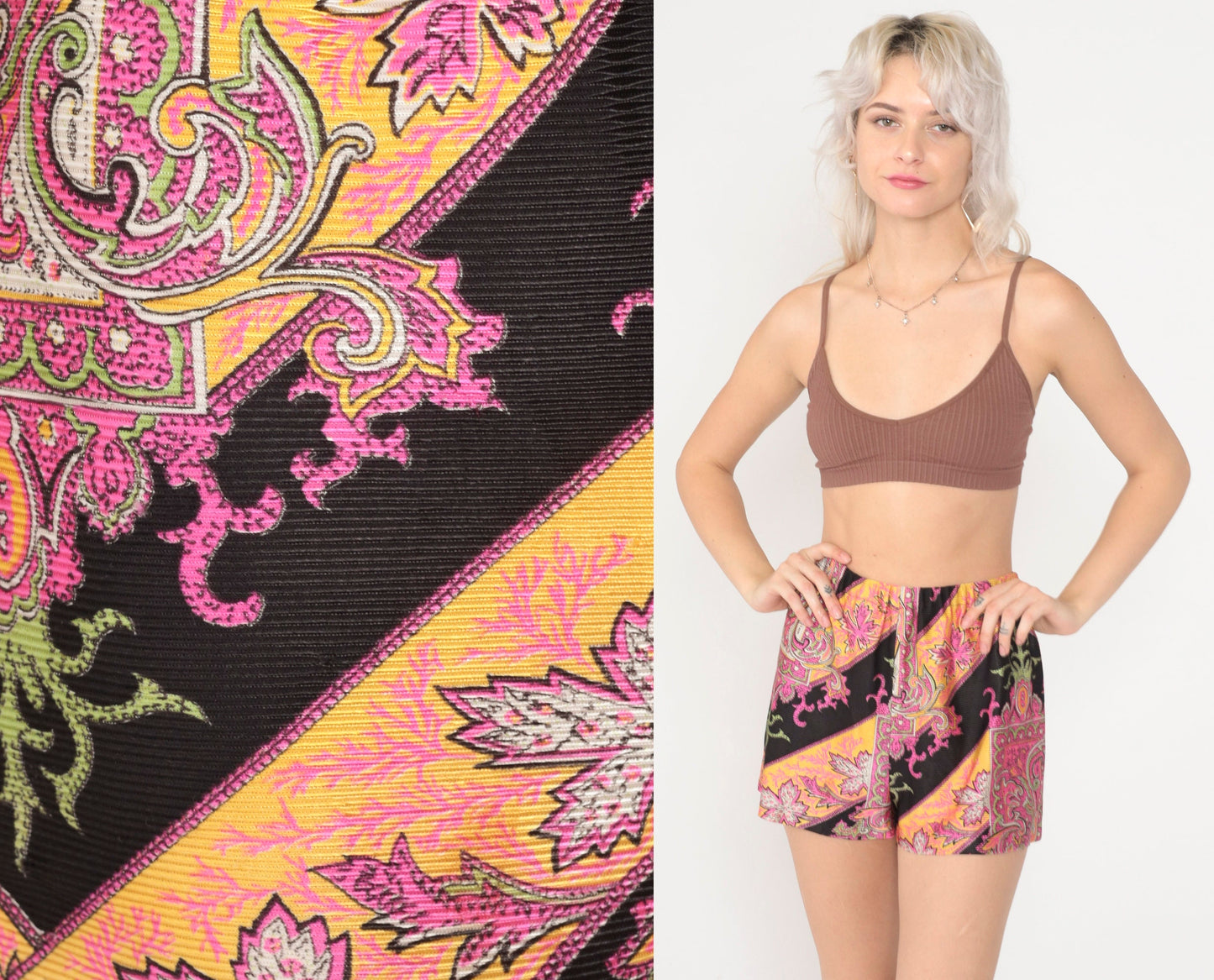 60s Psychedelic Leaf Print Shorts High Waist Neon Pink Black Extra Small