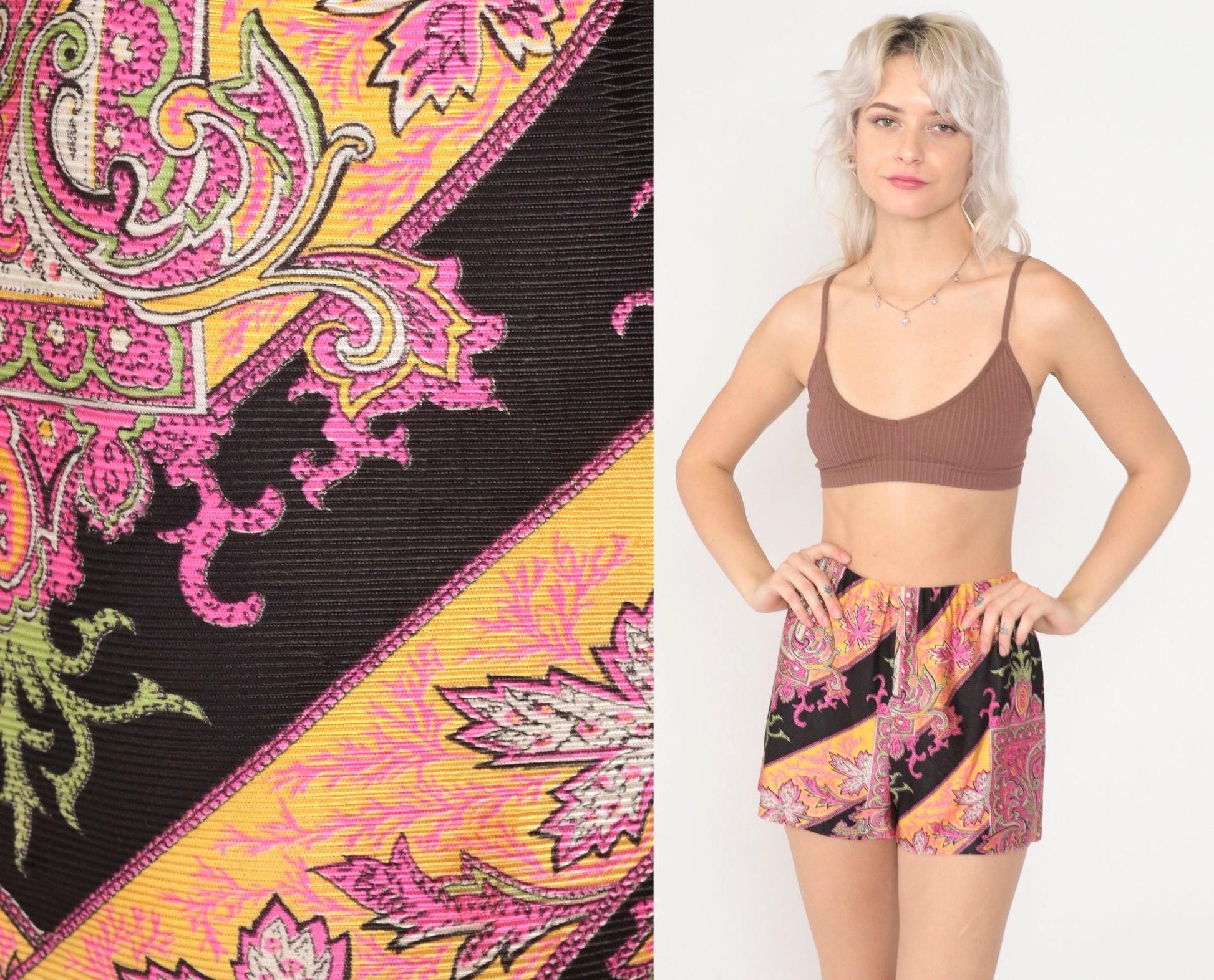60s Psychedelic Leaf Print Shorts High Waist Neon Pink Black Extra Small