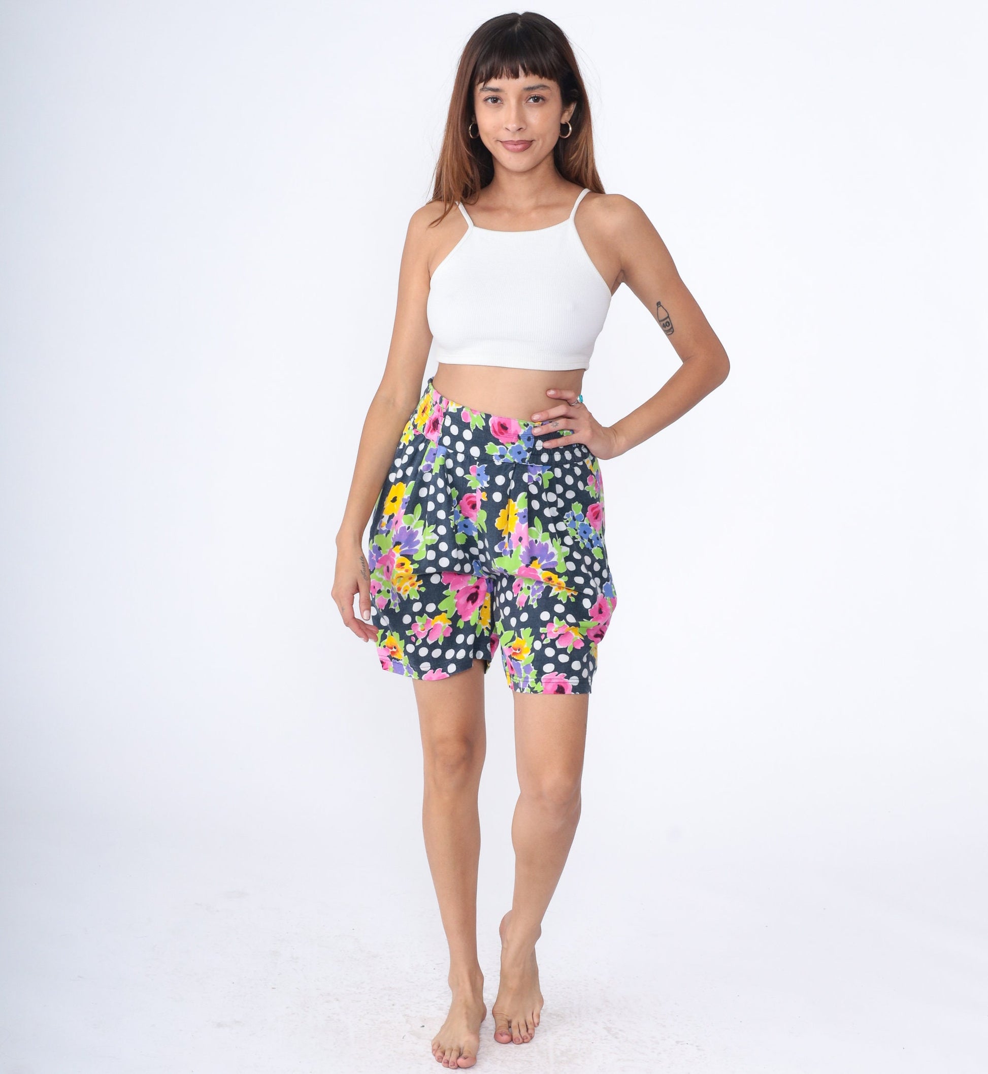 90s Polka Dot Floral Rayon Shorts High Waist Pleated White Small
