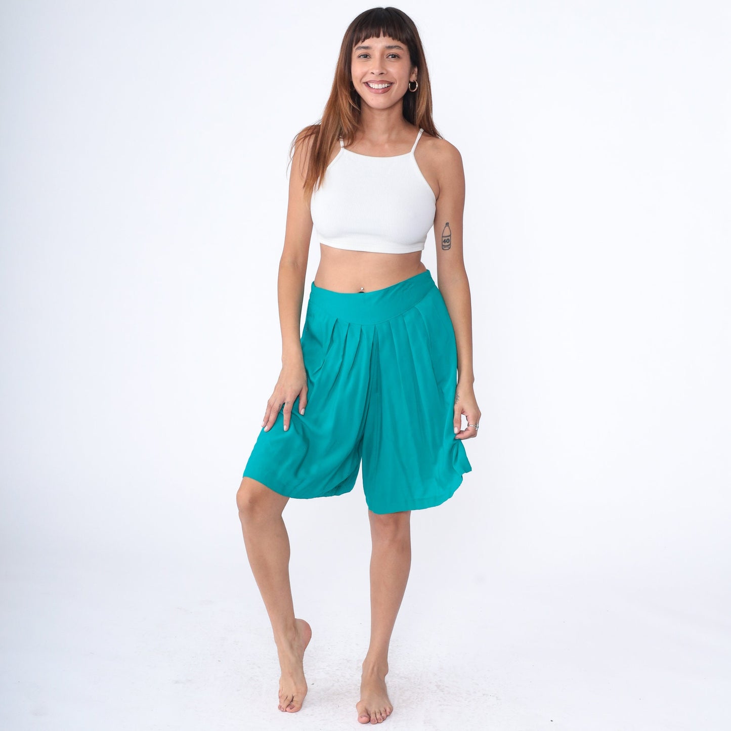 90s Teal Pleated Wide Leg Shorts High Waist Culotte Bermuda Large L