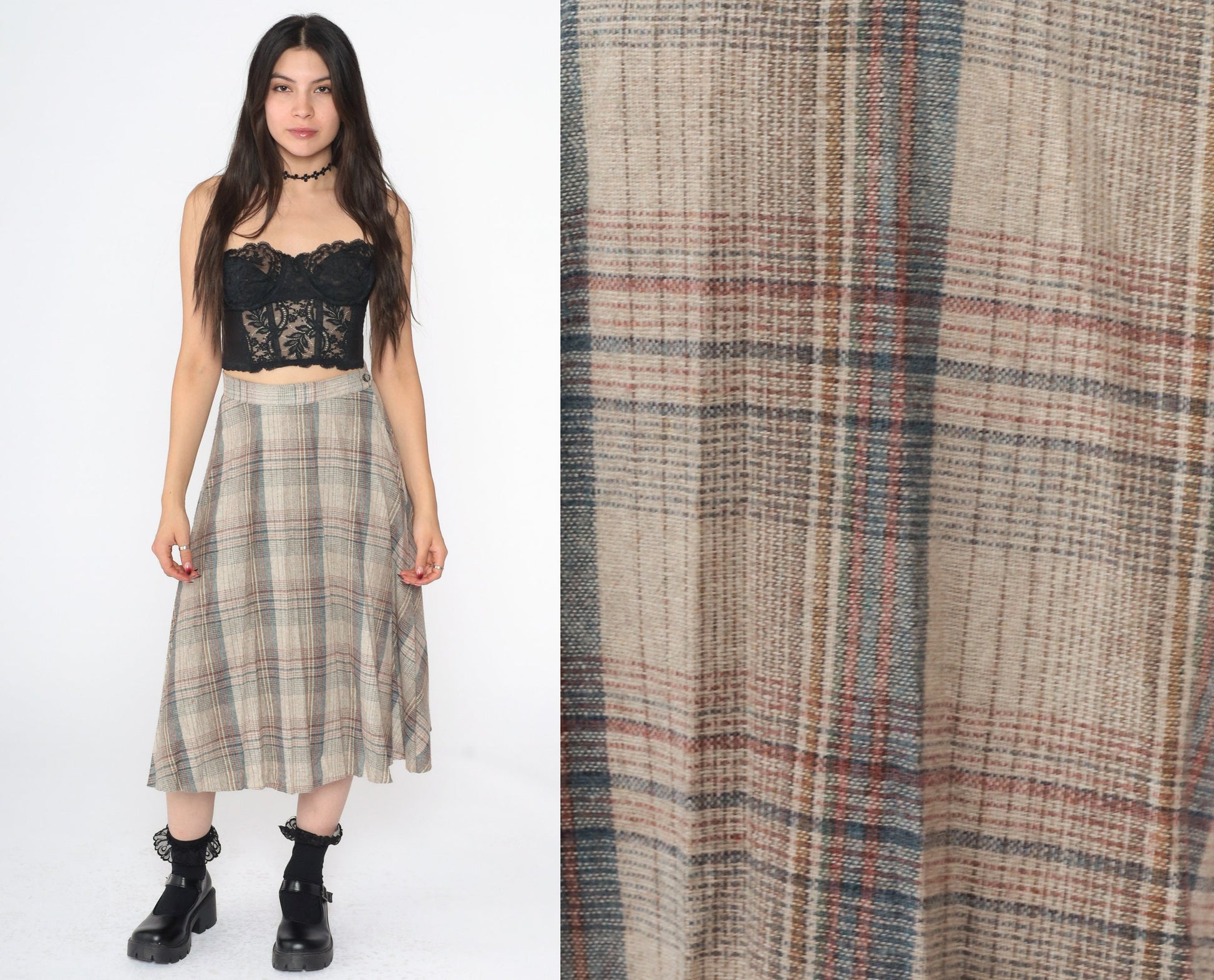 1970s Plaid Wool Midi Skirt Beige Red Blue Pleated High Waist Small