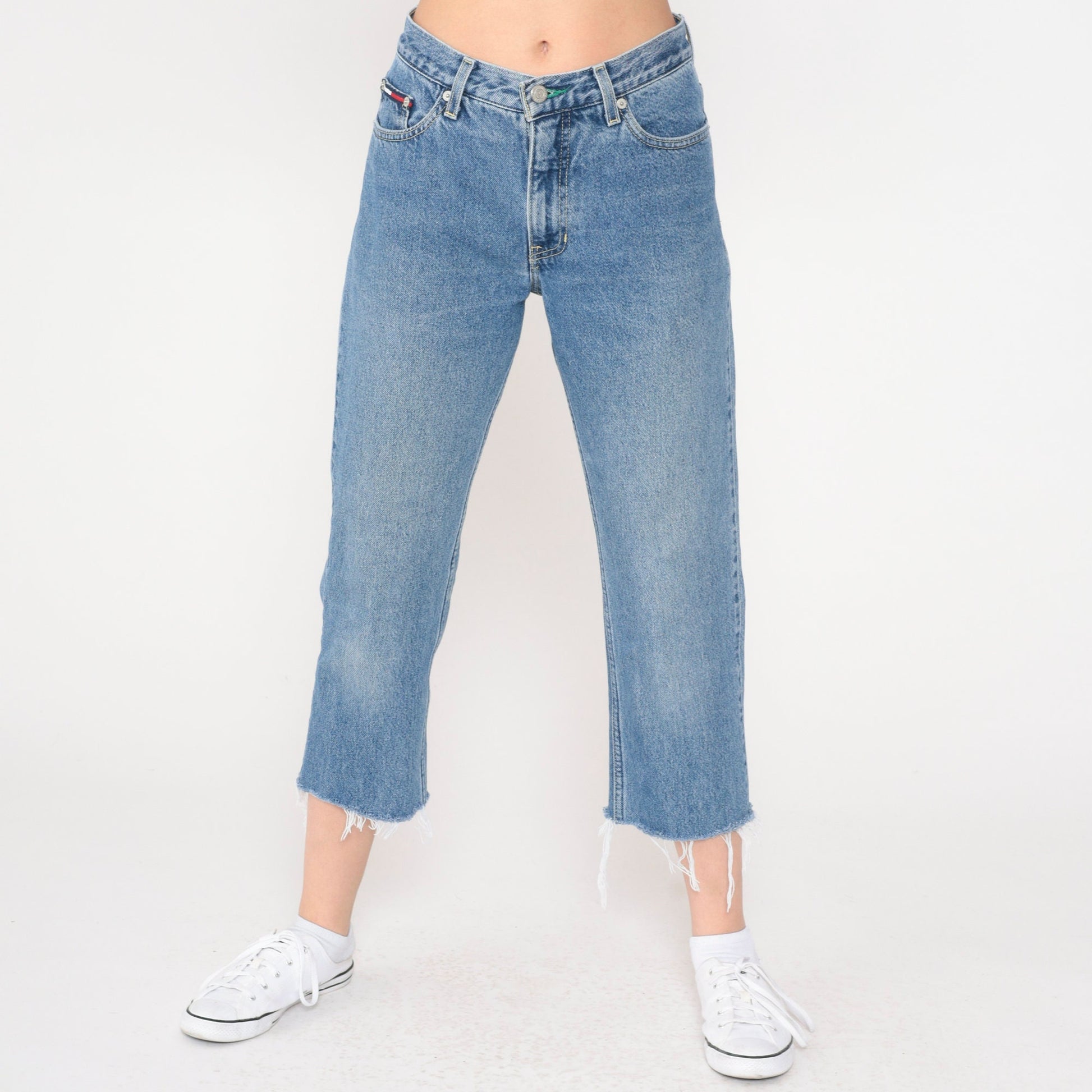 90s Tommy Hilfiger Cropped Cutoff Straight Leg Jeans Blue Denim Small