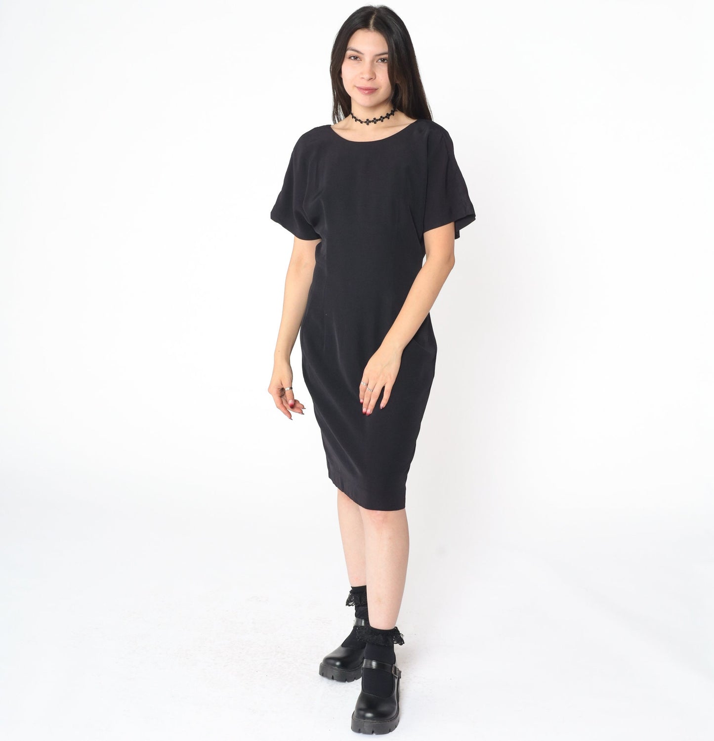 90s Black Midi Dress Deep V Back Sheath Short Sleeve Small