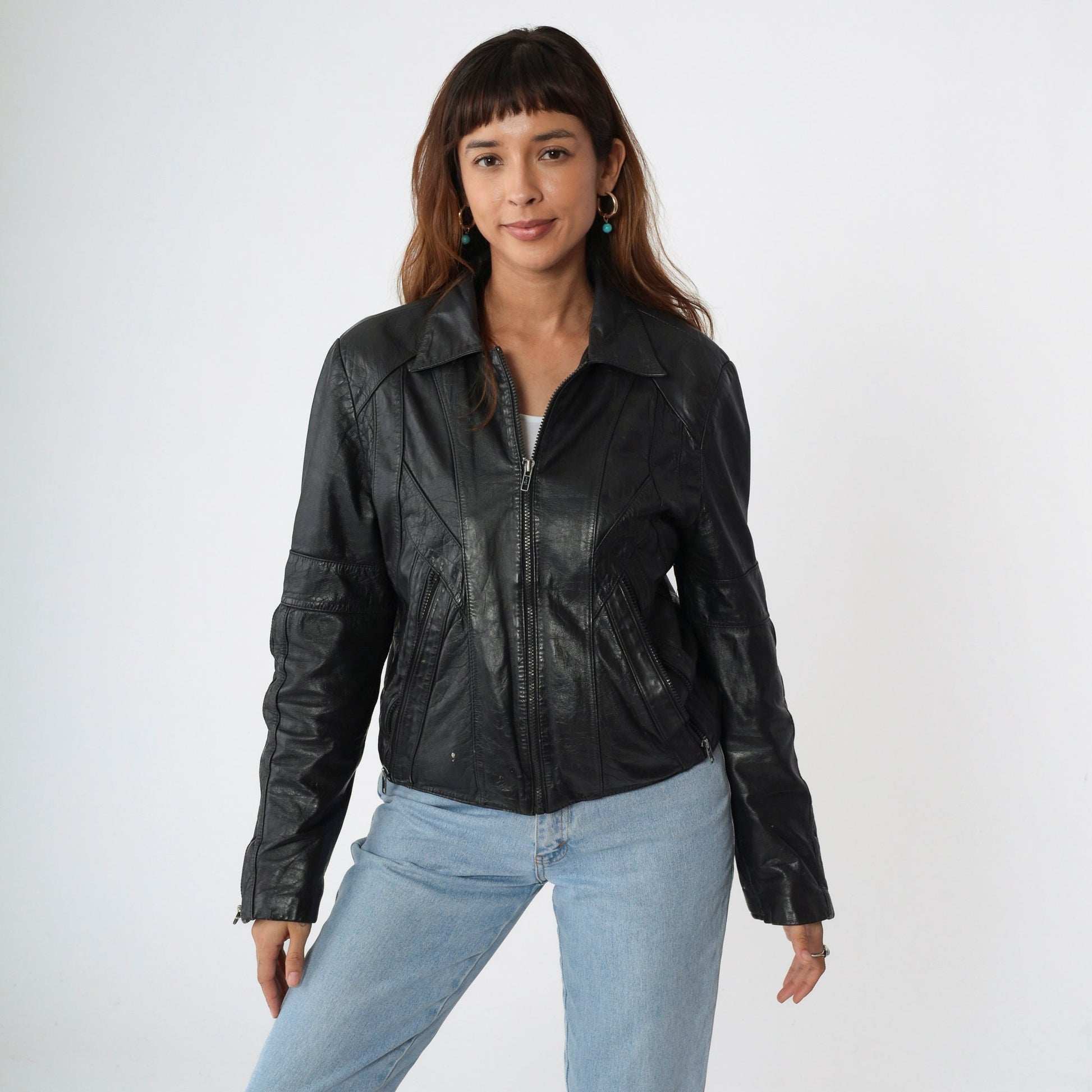80s Wilsons Leather Black Moto Jacket Zip Motorcycle Biker Small