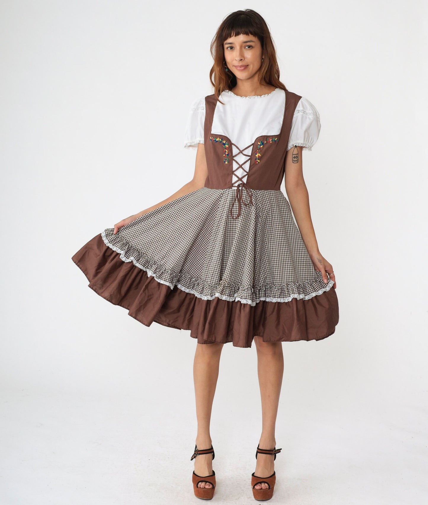 1960s Brown Gingham Midi Dress Puff Sleeve Lace-Up Corset Waist Large