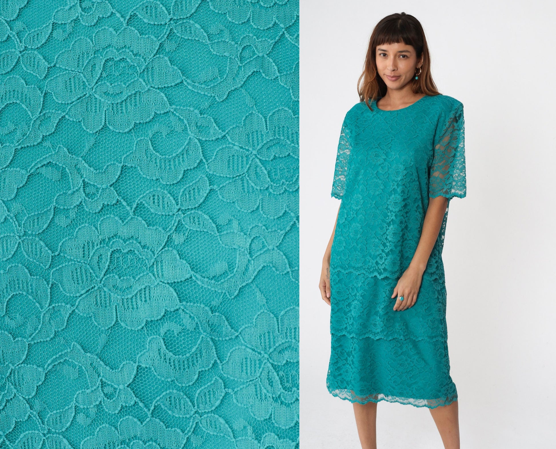 90s Teal Lace Midi Dress Short Sleeve Shift Sheath Green Vintage Medium