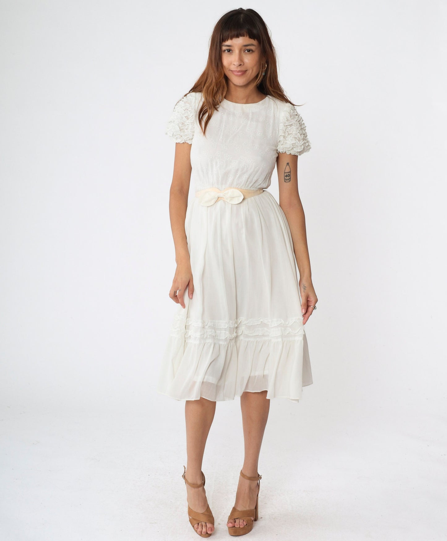 80s White Leaf Print Midi Dress Puff Sleeve High Waist Belt Extra Small