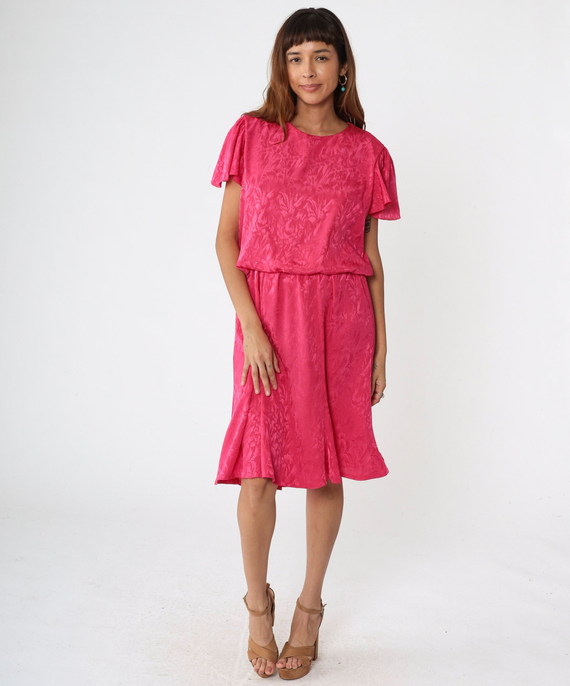 1970s Hot Pink Floral Embossed Midi Dress Flutter Sleeve High Waist Medium