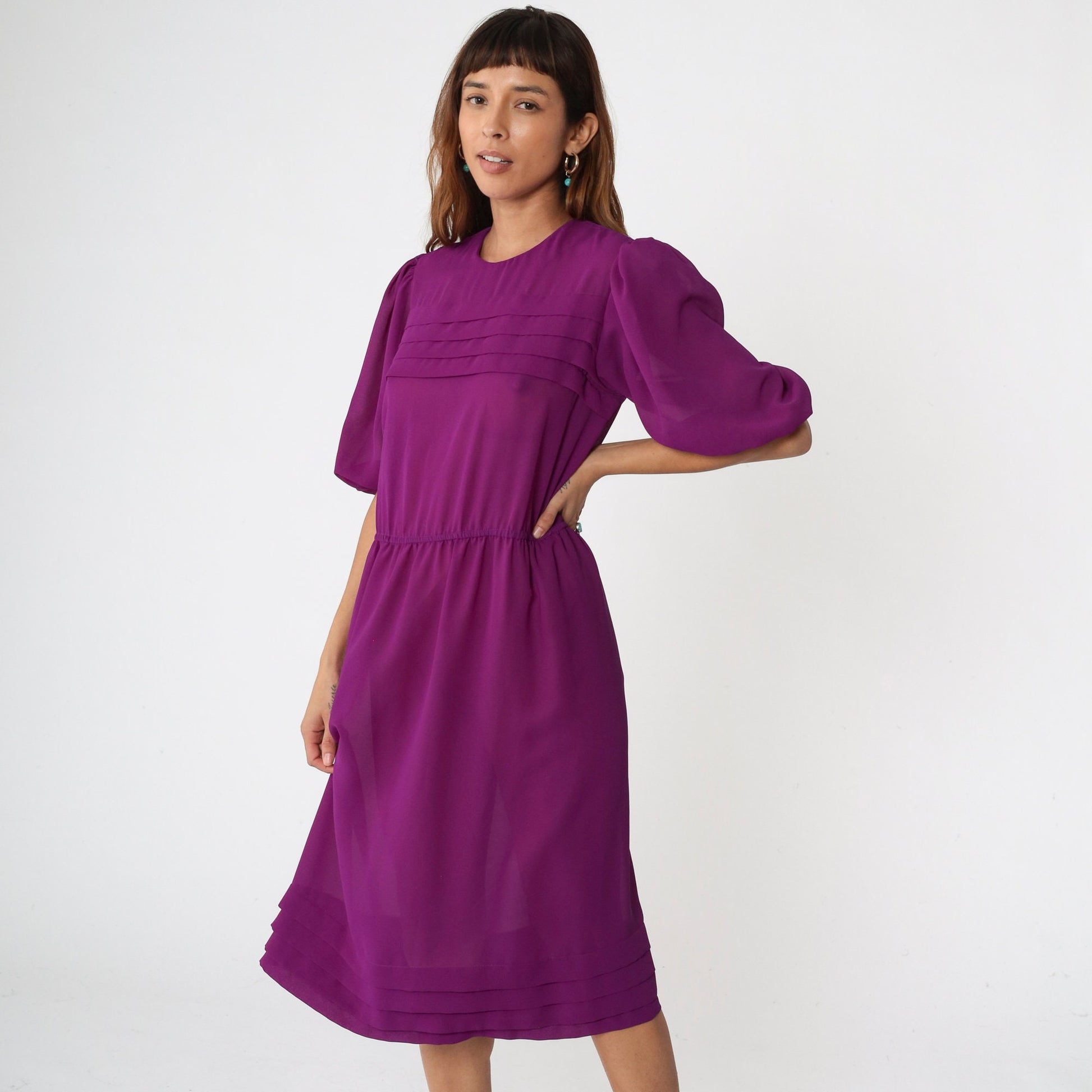 80s Purple Sheer Midi Dress Puff Sleeve Pleated High Waist Keyhole Medium Large