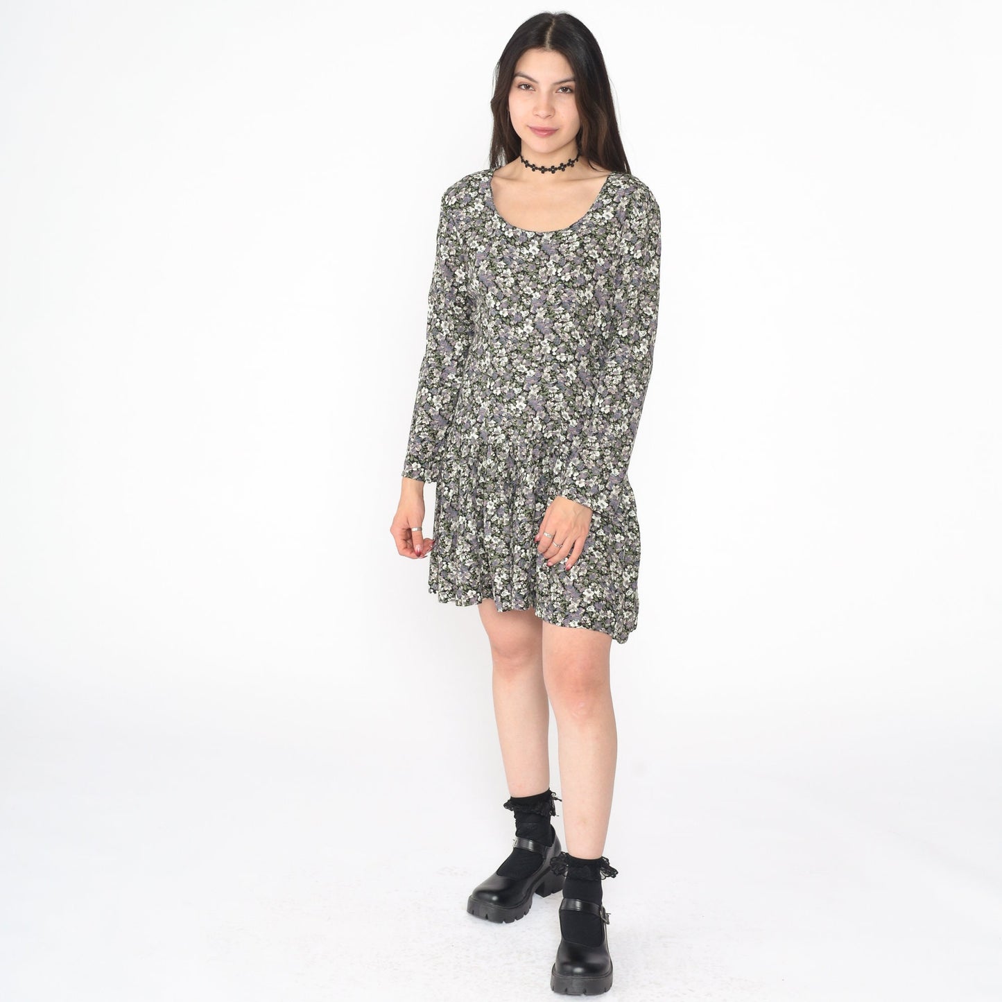 90s Floral Mini Dress Lace-Up V Back Drop Waist Long Sleeve Medium