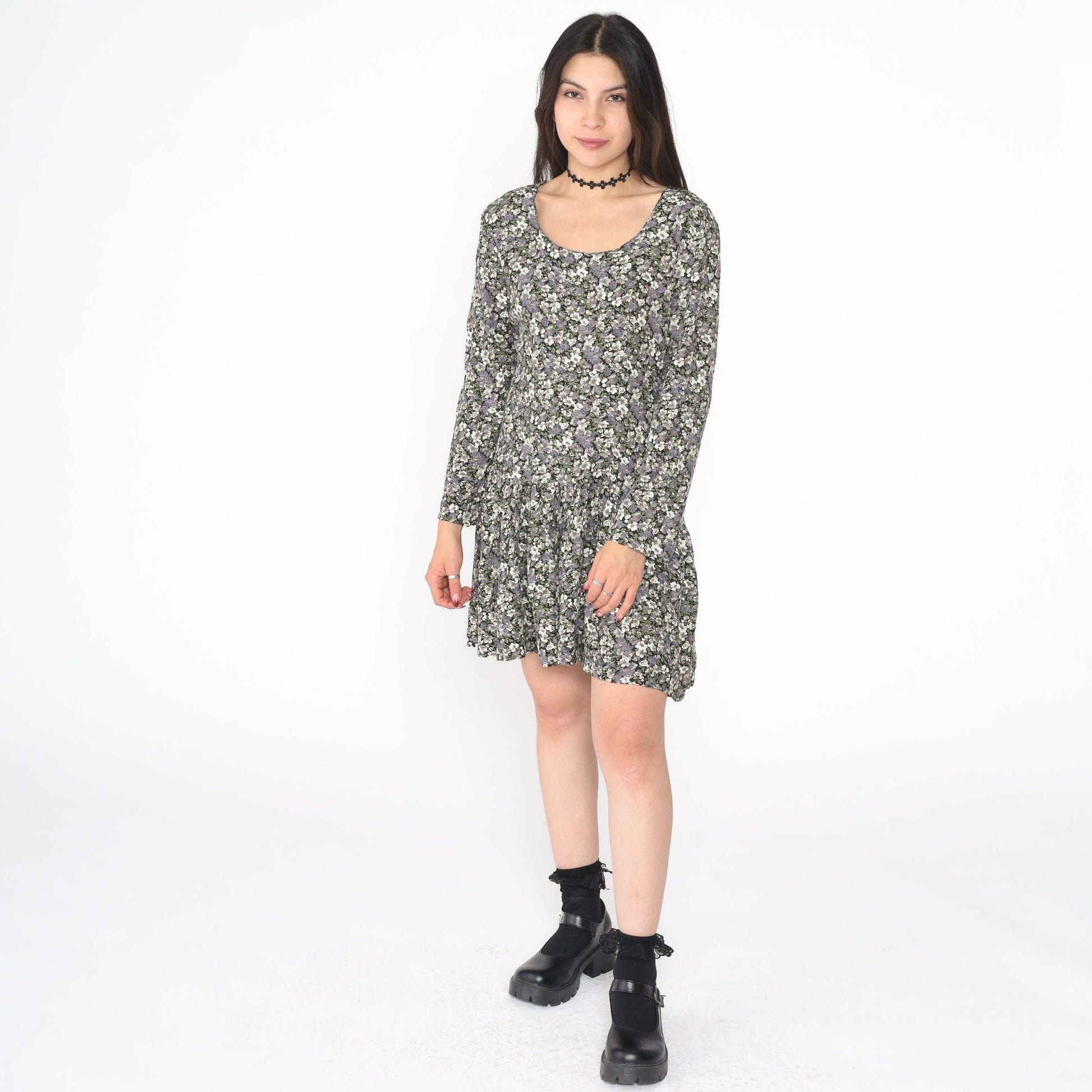90s Floral Mini Dress Lace-Up V Back Drop Waist Long Sleeve Medium