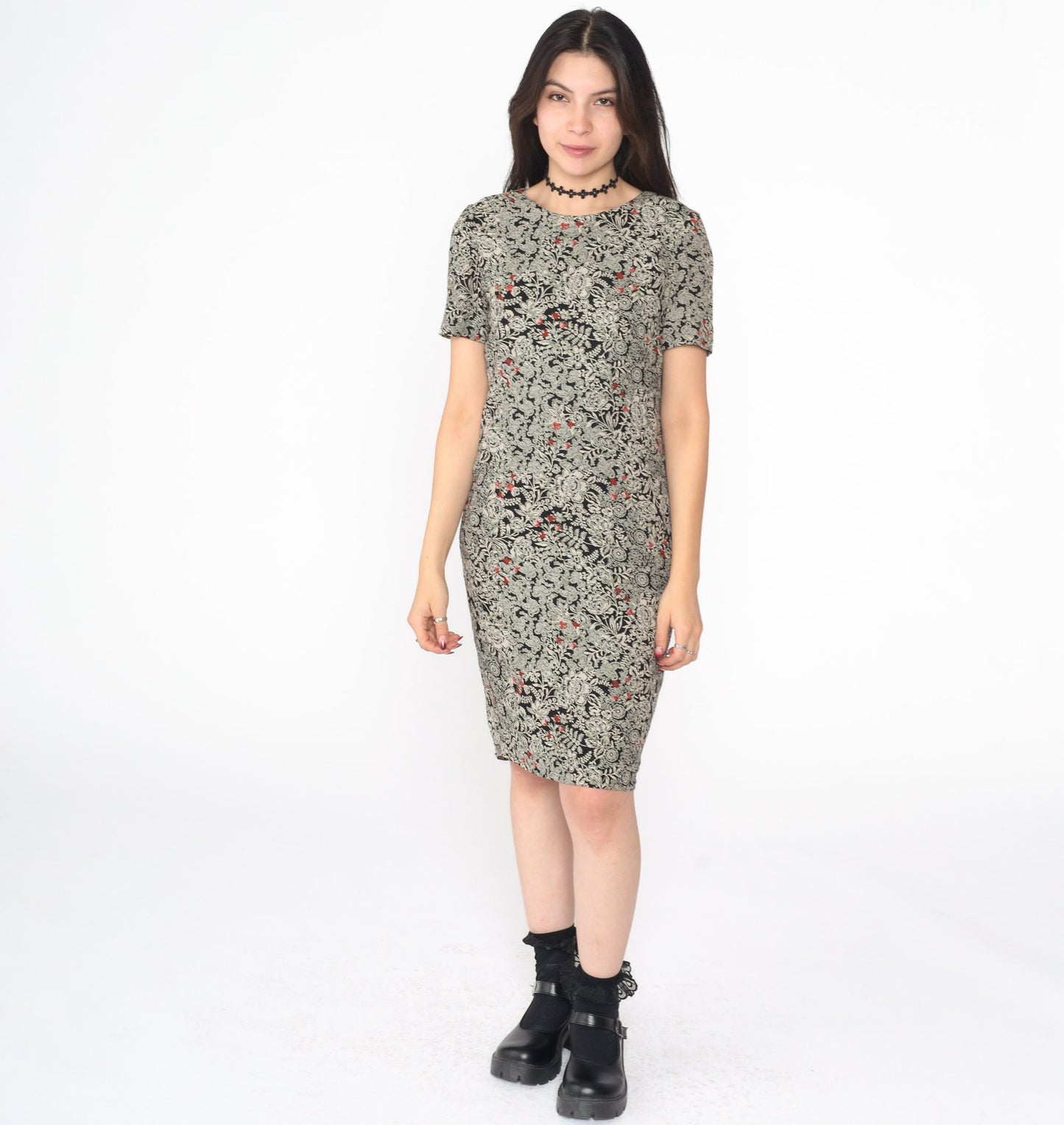 90s Liz Claiborne Floral Mini Dress Black Shift Short Sleeve Extra Small