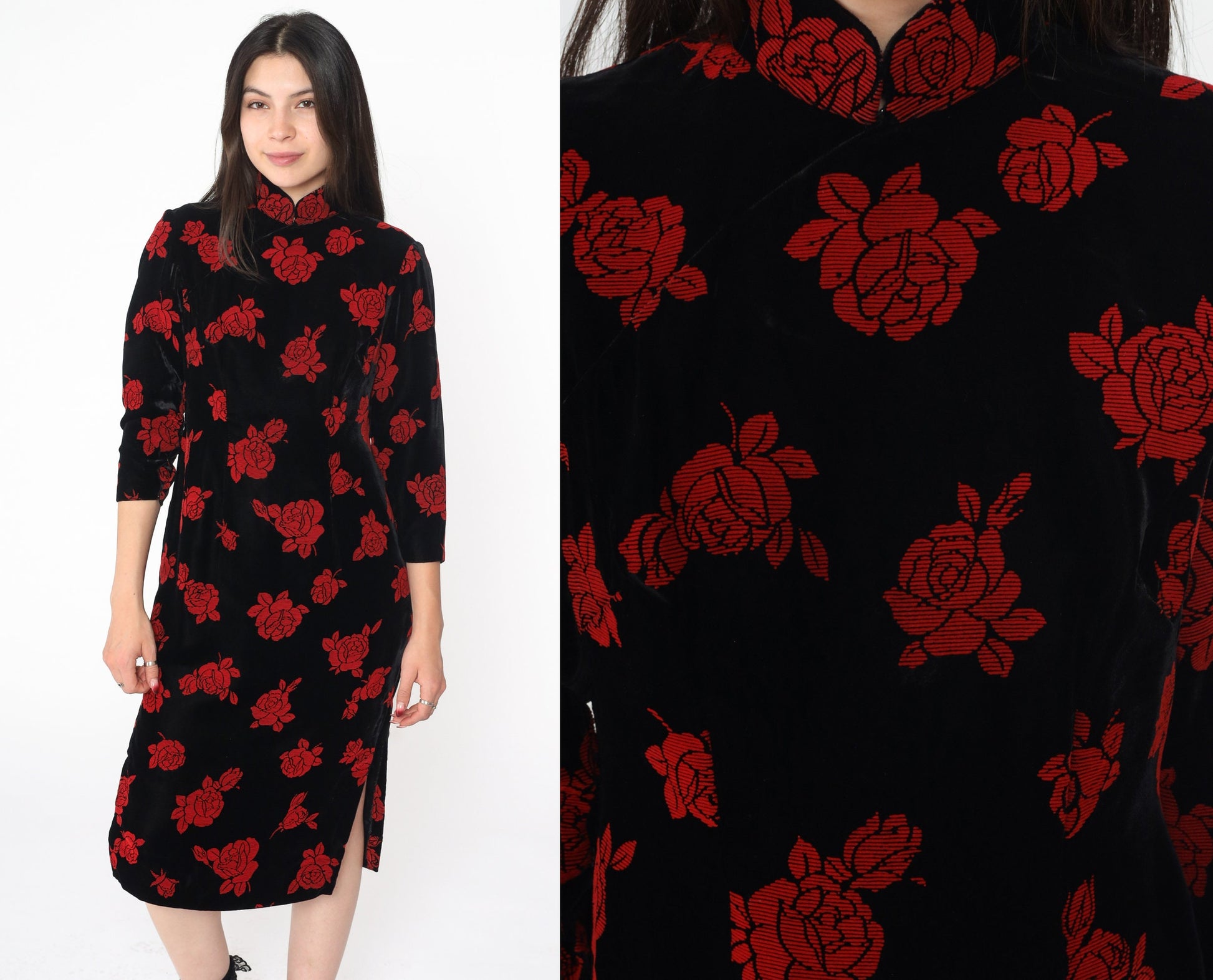 90s Black Velvet Cheongsam Dress Red Rose Floral Mandarin Collar Midi Small
