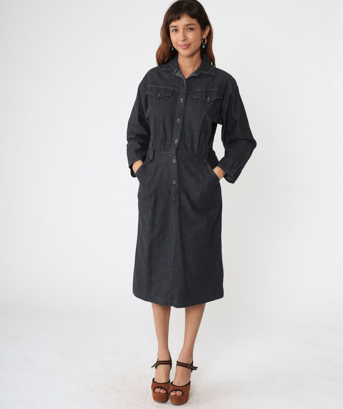 90s Panhandle Slim Black Denim Shirtdress High Waist Midi Button Up Medium