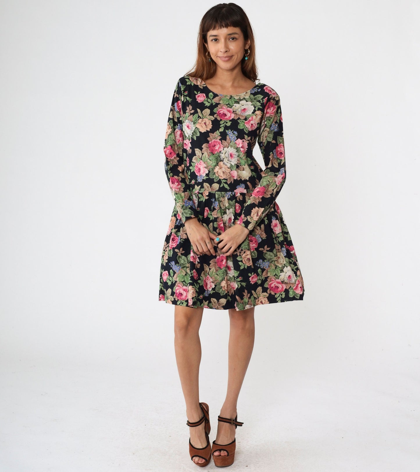 90s Atlas Studio Floral Mini Dress Black Drop Waist Long Sleeve Small S