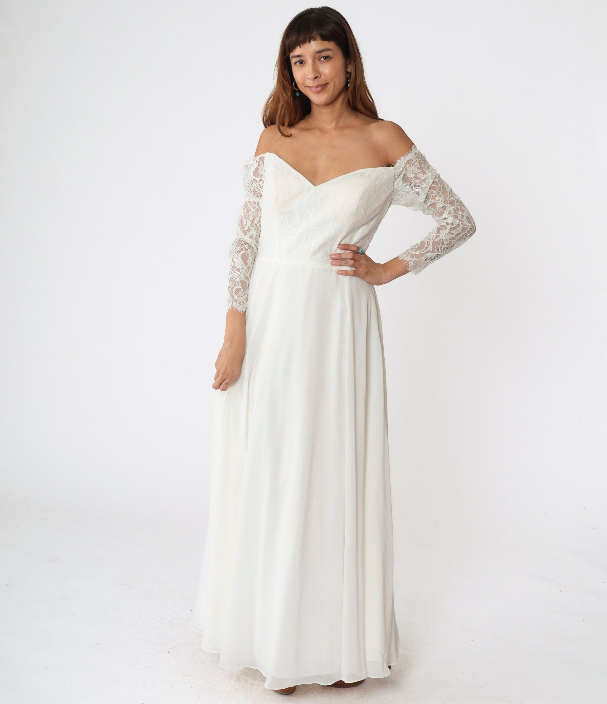 00s Christina Wu Wedding Dress Off-Shoulder Lace Chiffon Maxi White Large 14